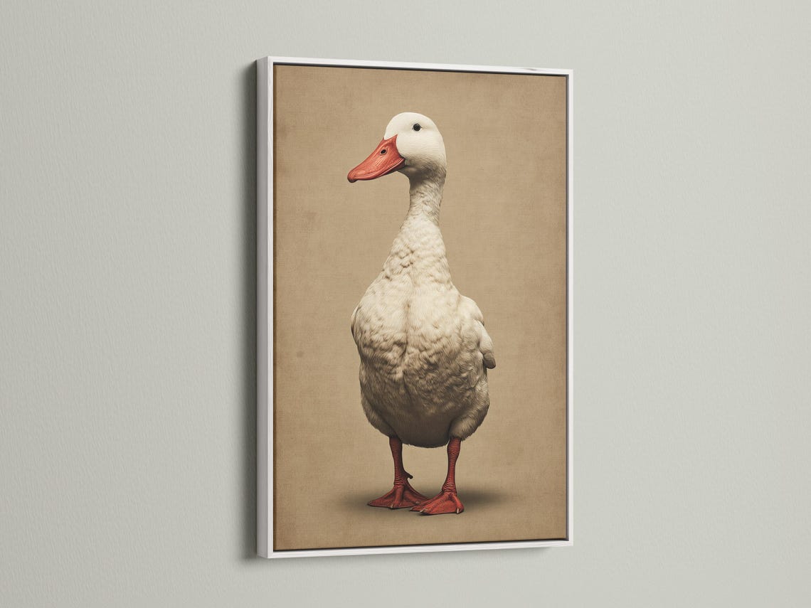 A vintage-style goose portrait with a red beak and detailed feather shading stands in front of a warm beige background detail view
