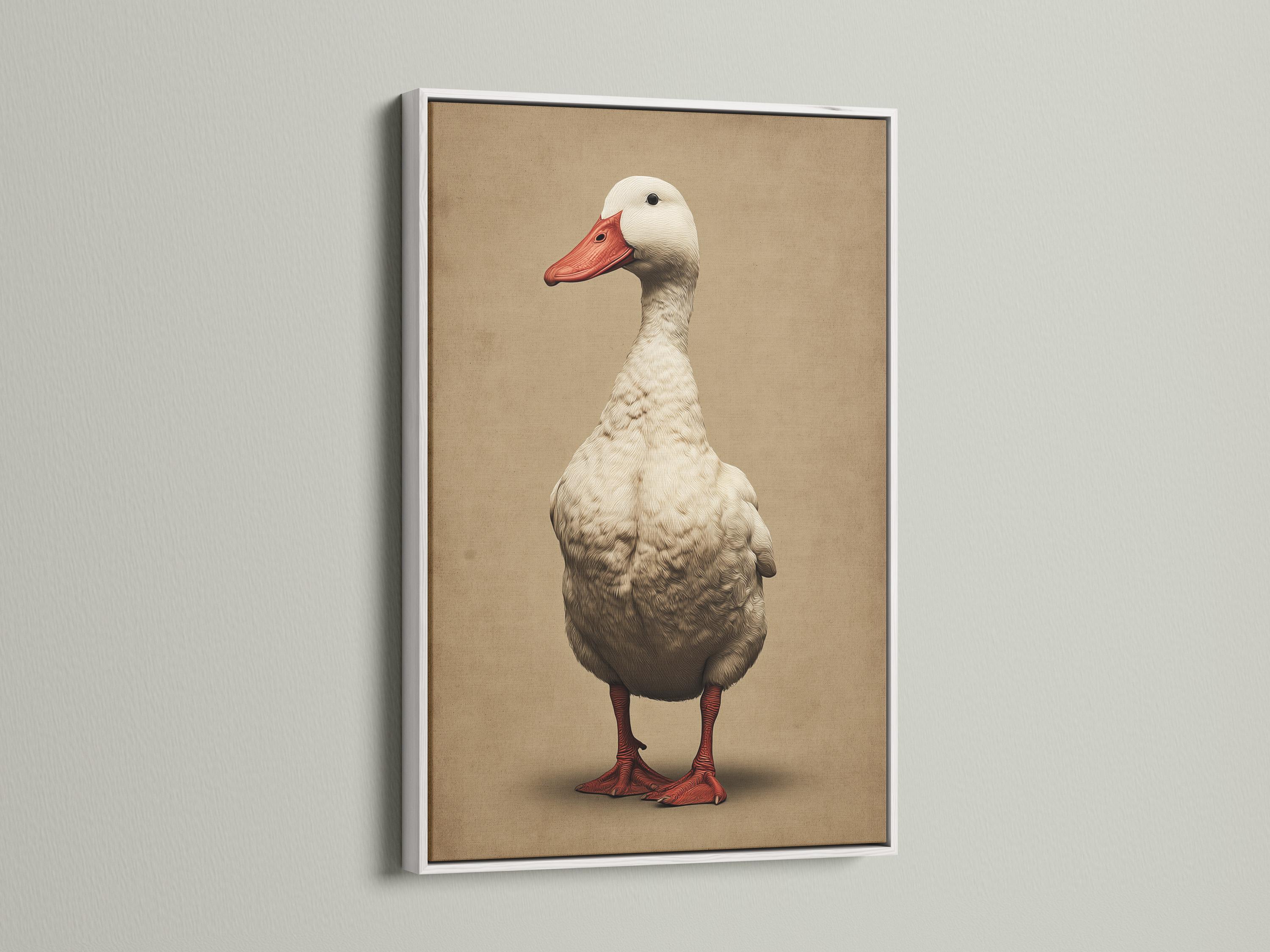 A vintage-style goose portrait with a red beak and detailed feather shading stands in front of a warm beige background detail view