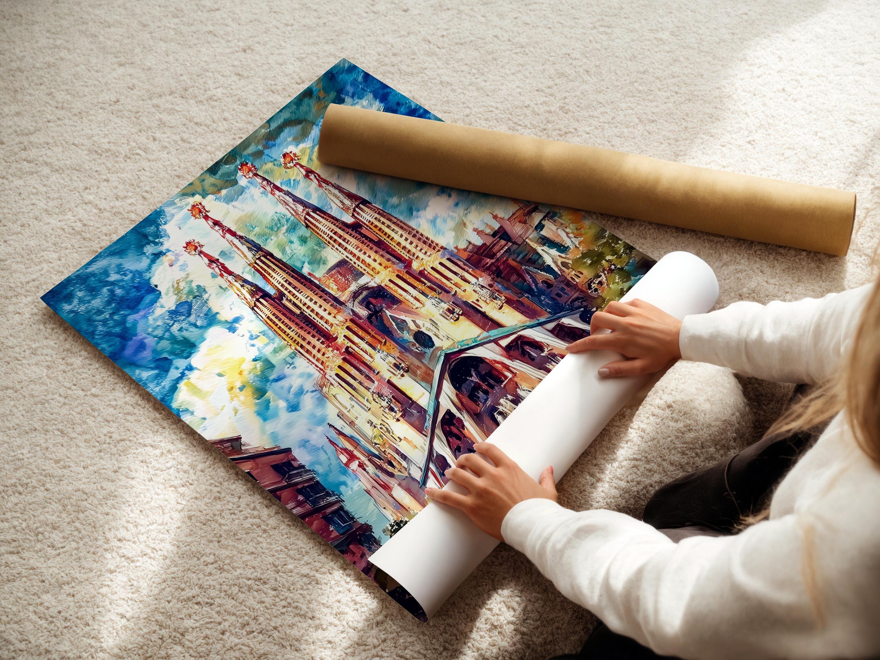 Room mockup showing a framed cathedral spires artwork on a blue wall above a desk