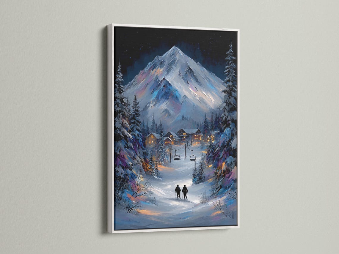 Snowy mountain night scene with pine trees, a ski village and warm lit windows under stars detail view