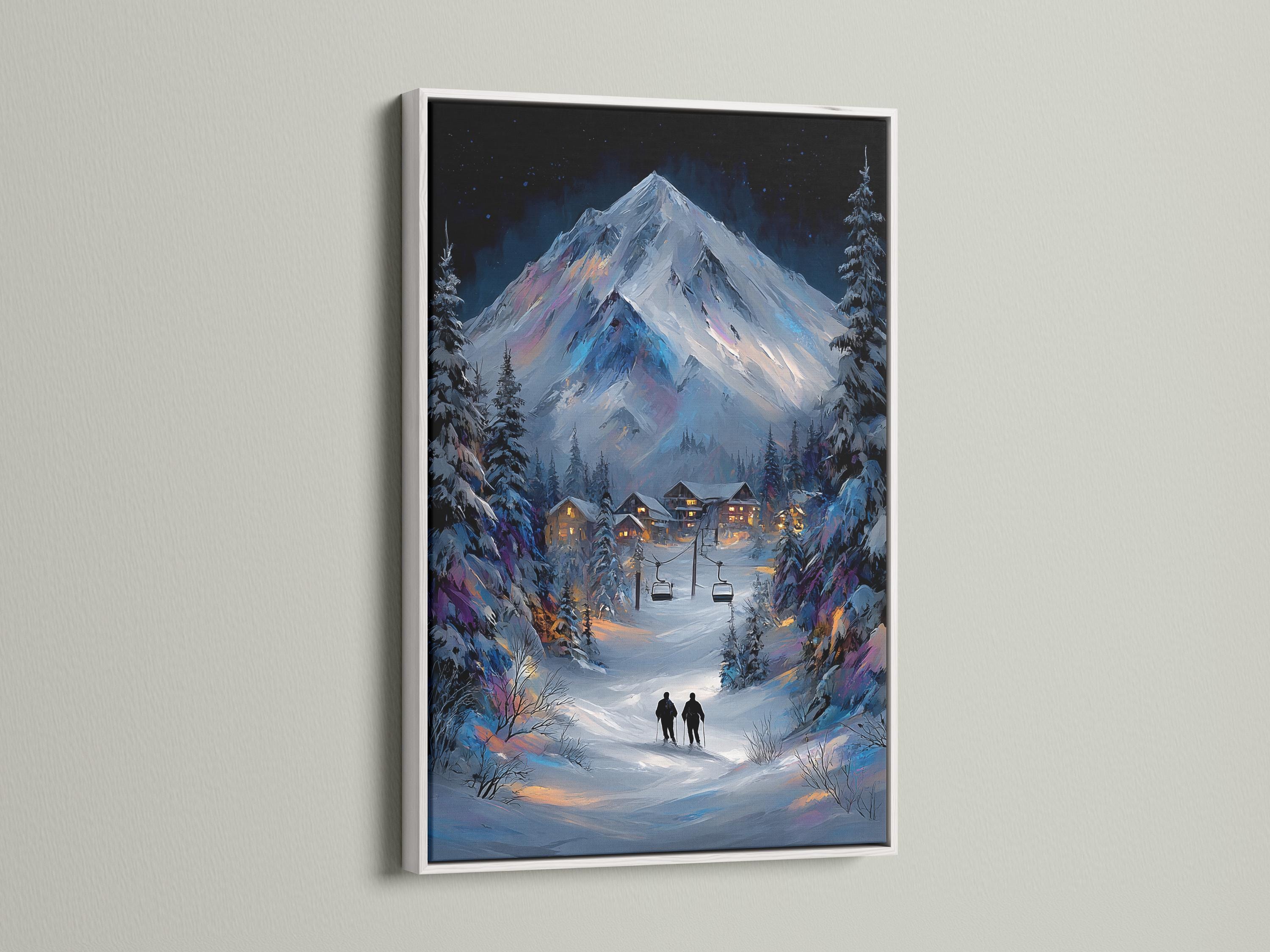 Snowy mountain night scene with pine trees, a ski village and warm lit windows under stars detail view