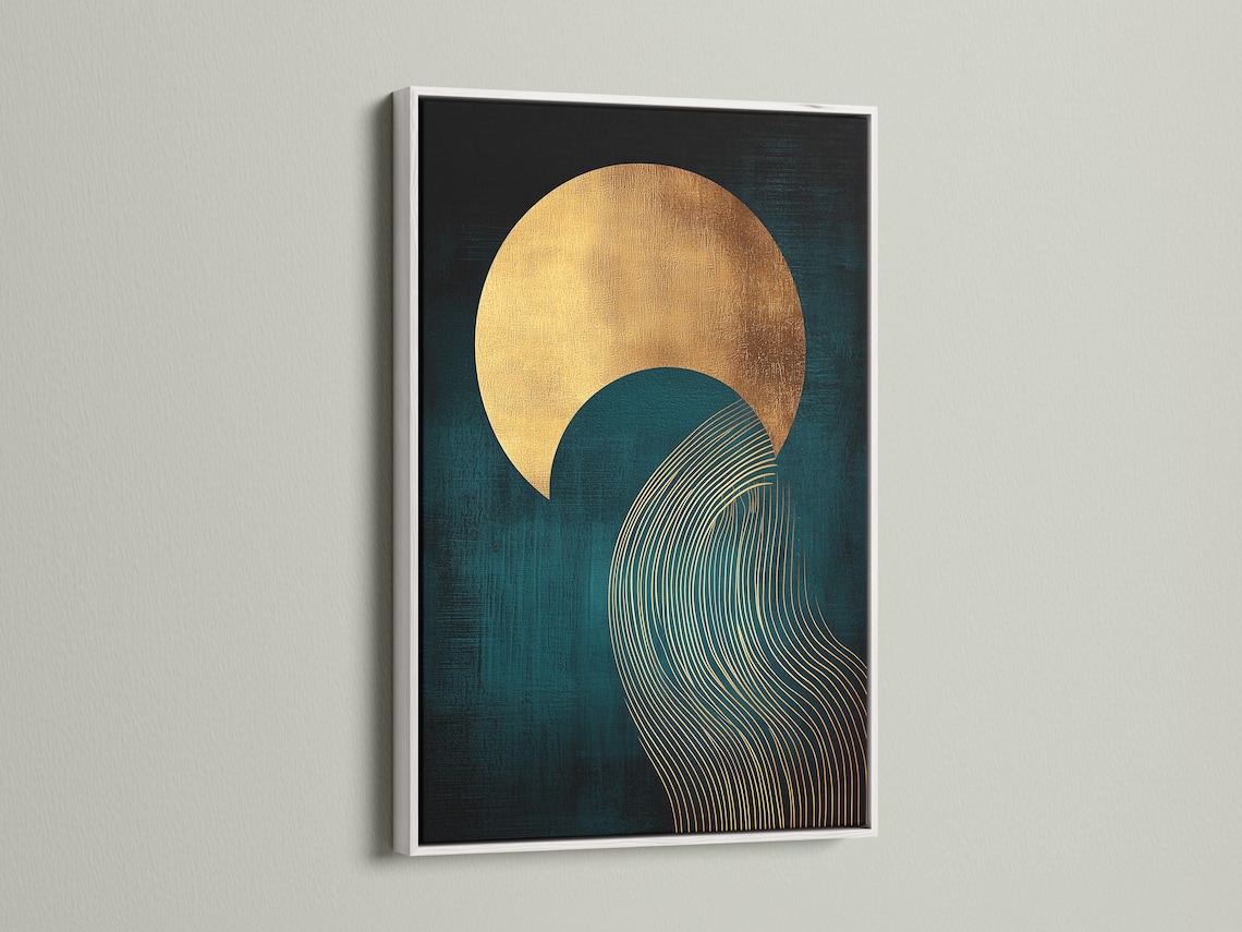 Abstract teal and gold artwork with a large sun-like circle and curved wave line pattern detail view