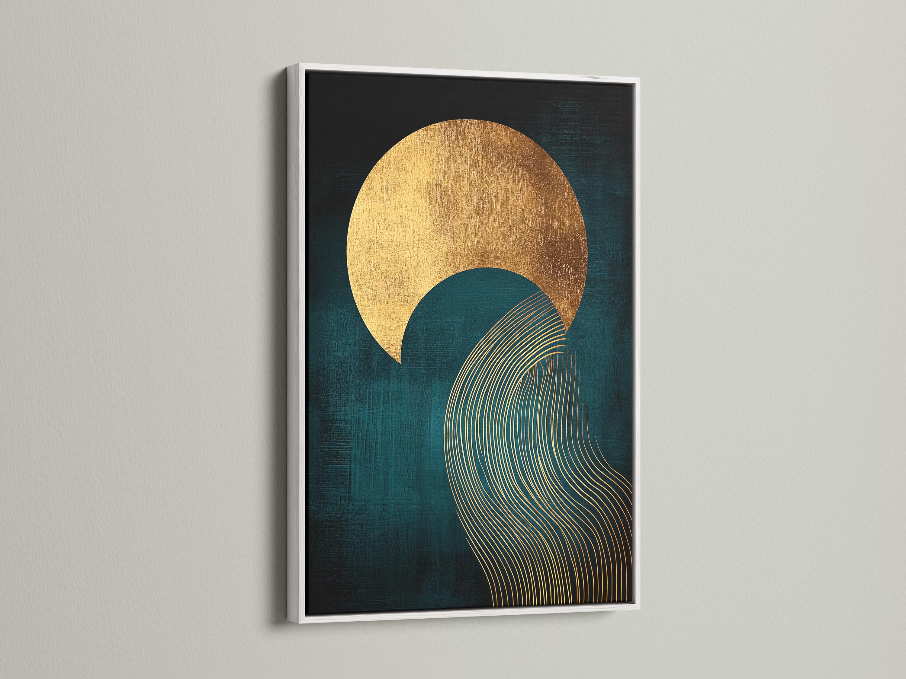 Abstract teal and gold artwork with a large sun-like circle and curved wave line pattern detail view