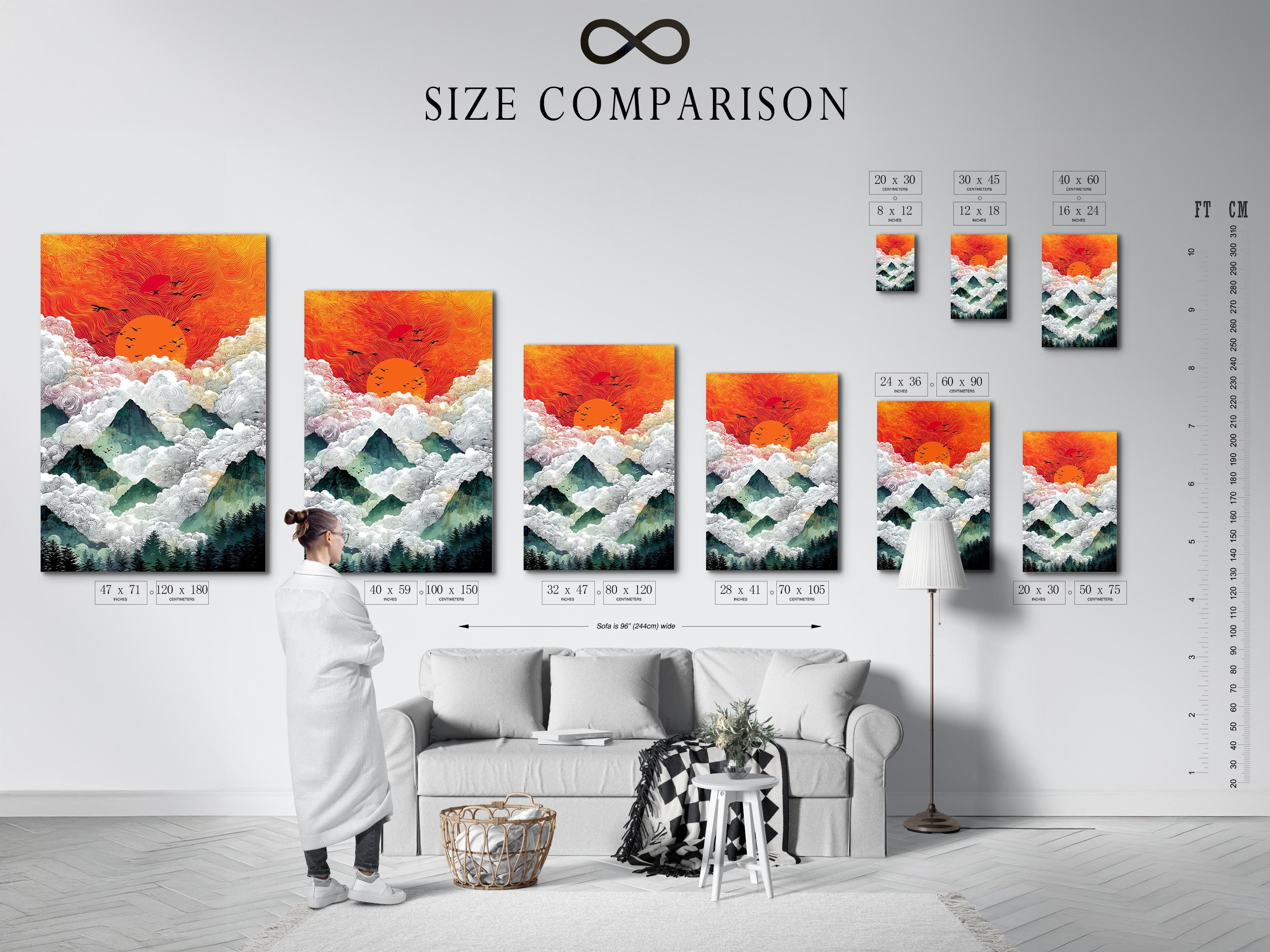 Sunrise mountain landscape artwork with orange sun, swirling clouds and black bird silhouettes detail view
