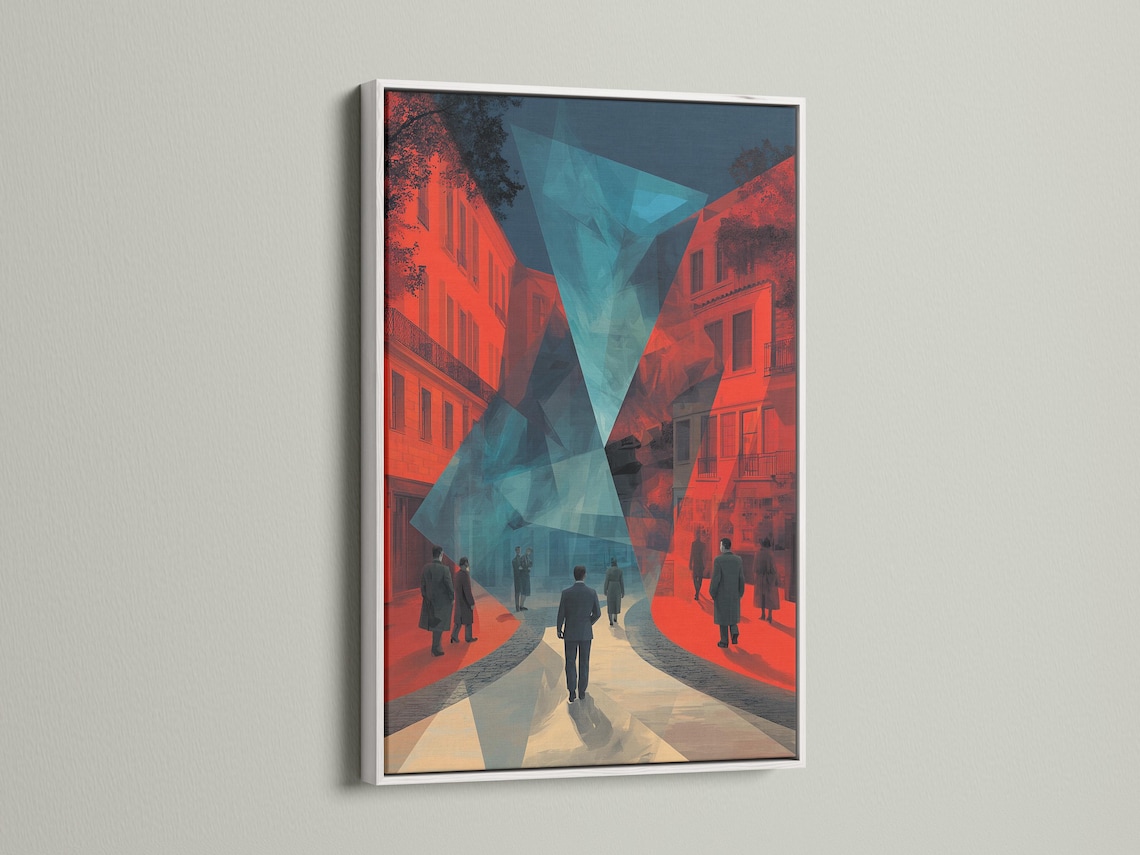 Stylised city street artwork with coral buildings, teal geometric centre and dark blue shadows detail view