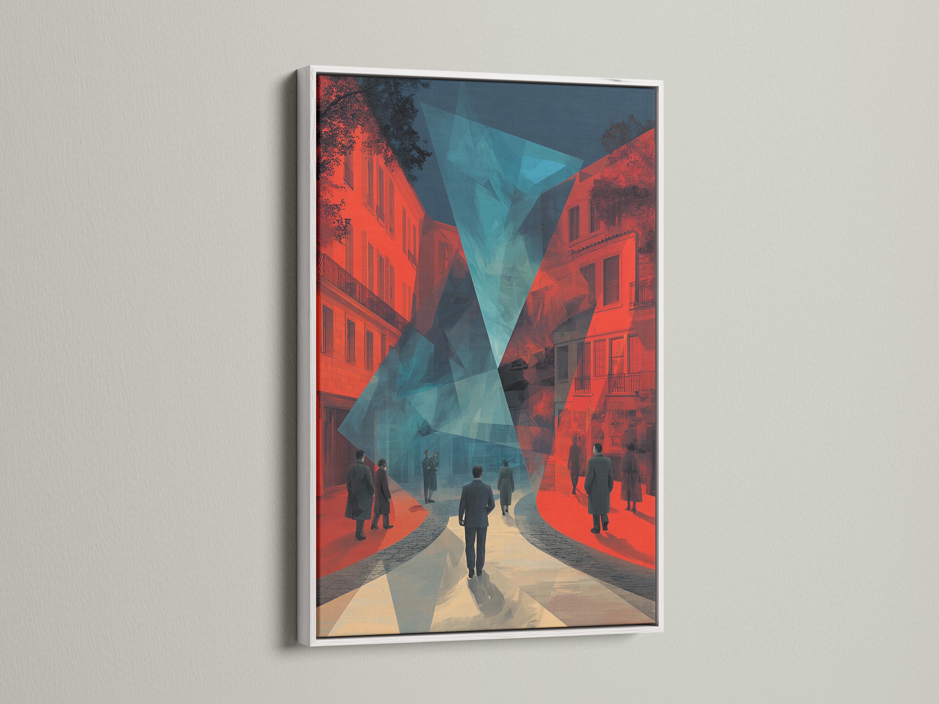 Stylised city street artwork with coral buildings, teal geometric centre and dark blue shadows detail view