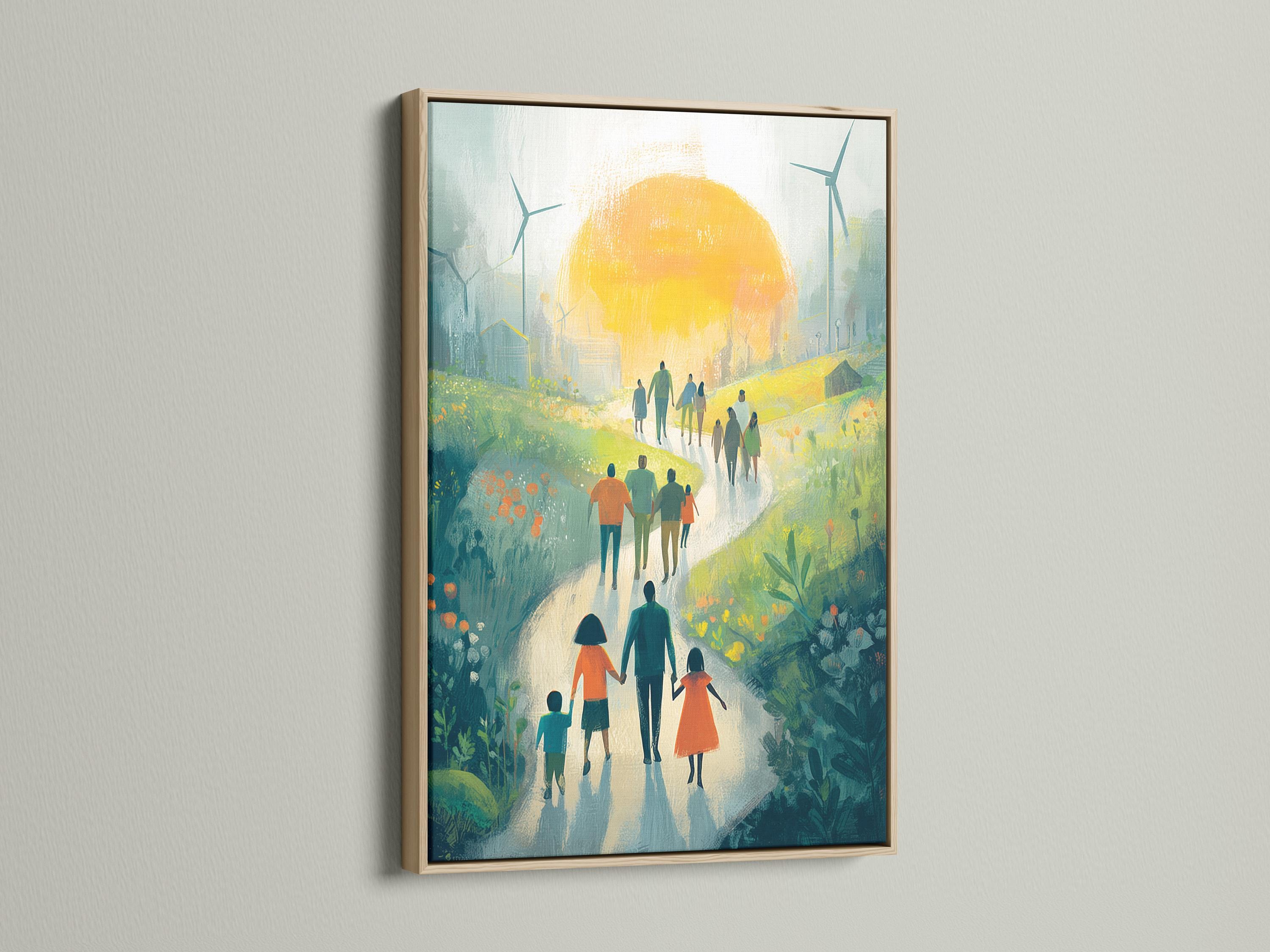 Painterly green landscape with people walking along a path toward a glowing sun and wind turbines detail view