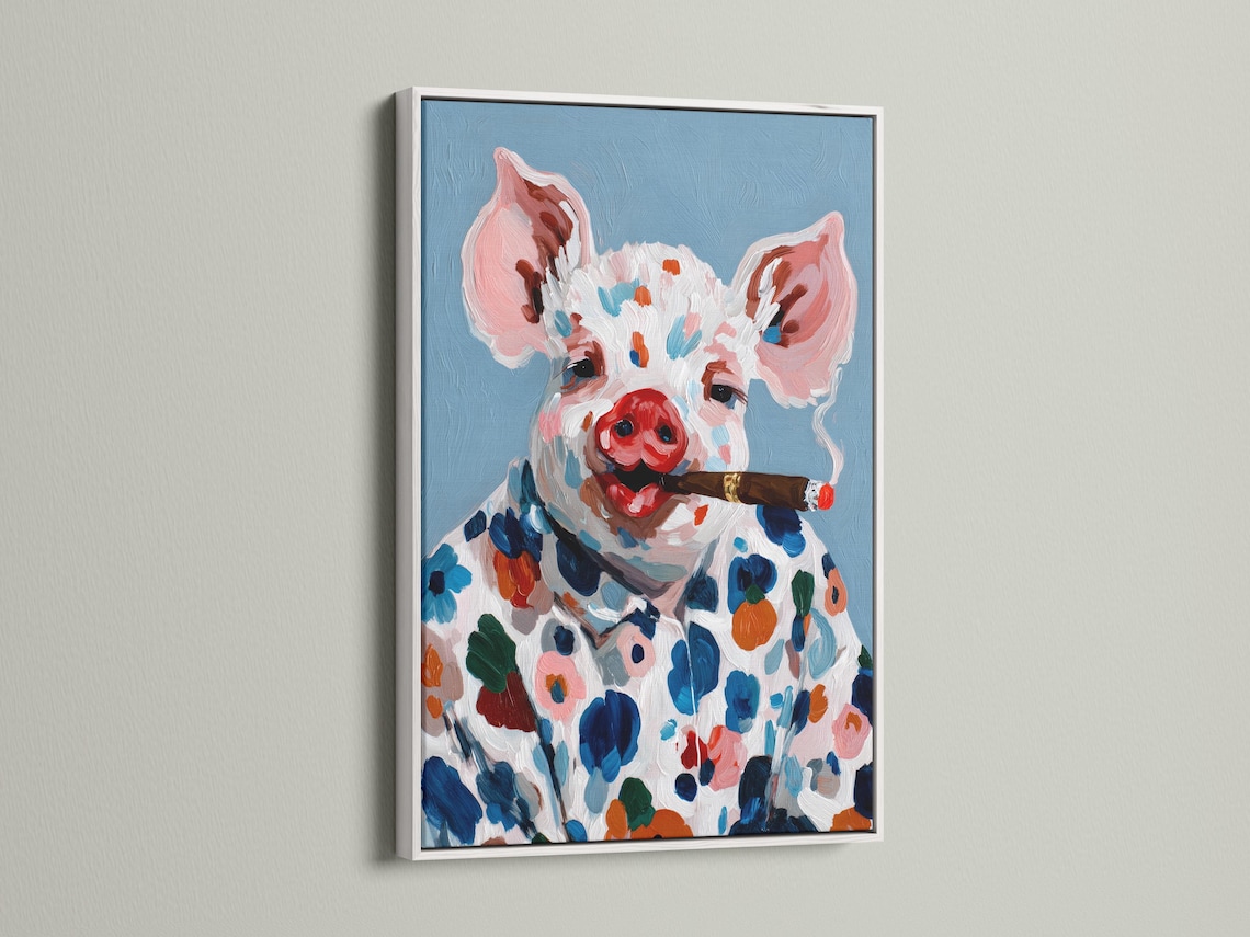 Painted pig portrait holding a cigar, with colourful floral and leaf shapes on a blue background detail view