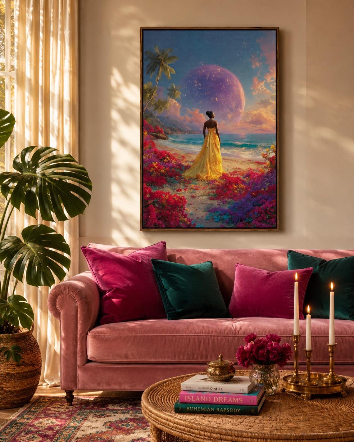 Room scene with a woman in a gold dress tropical beach artwork leaning against a wall