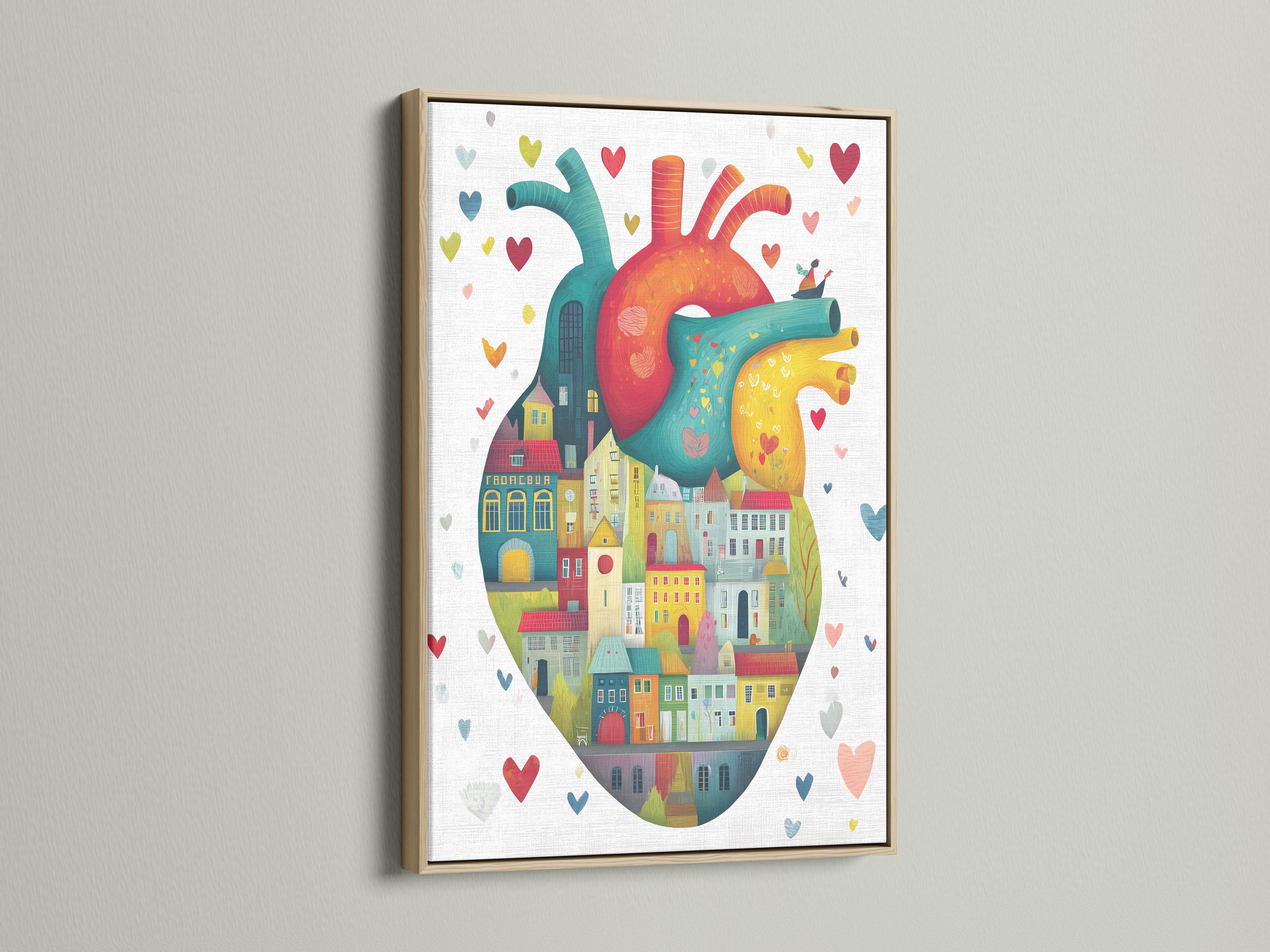 Teal anatomical heart filled with colourful city houses and small floating hearts detail view
