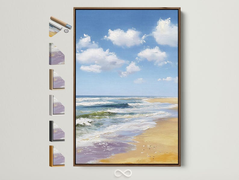 Blue ocean seascape with fluffy white clouds and foamy waves over sandy shore