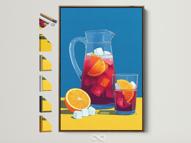 Illustrated still life of a glass pitcher with red drink, ice cubes, and orange citrus slices