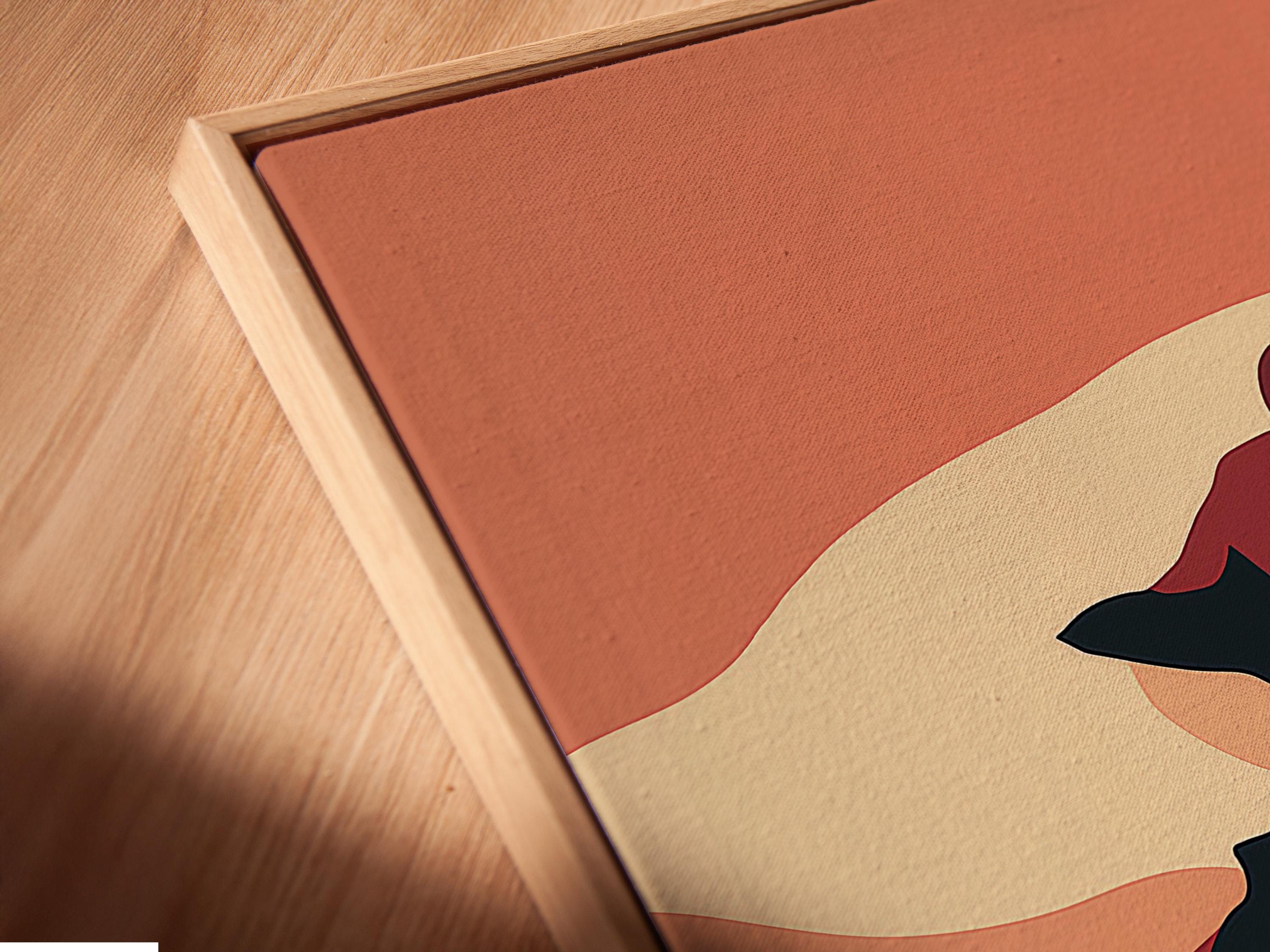 Room mockup showing framed horse and rider artwork in terracotta tones