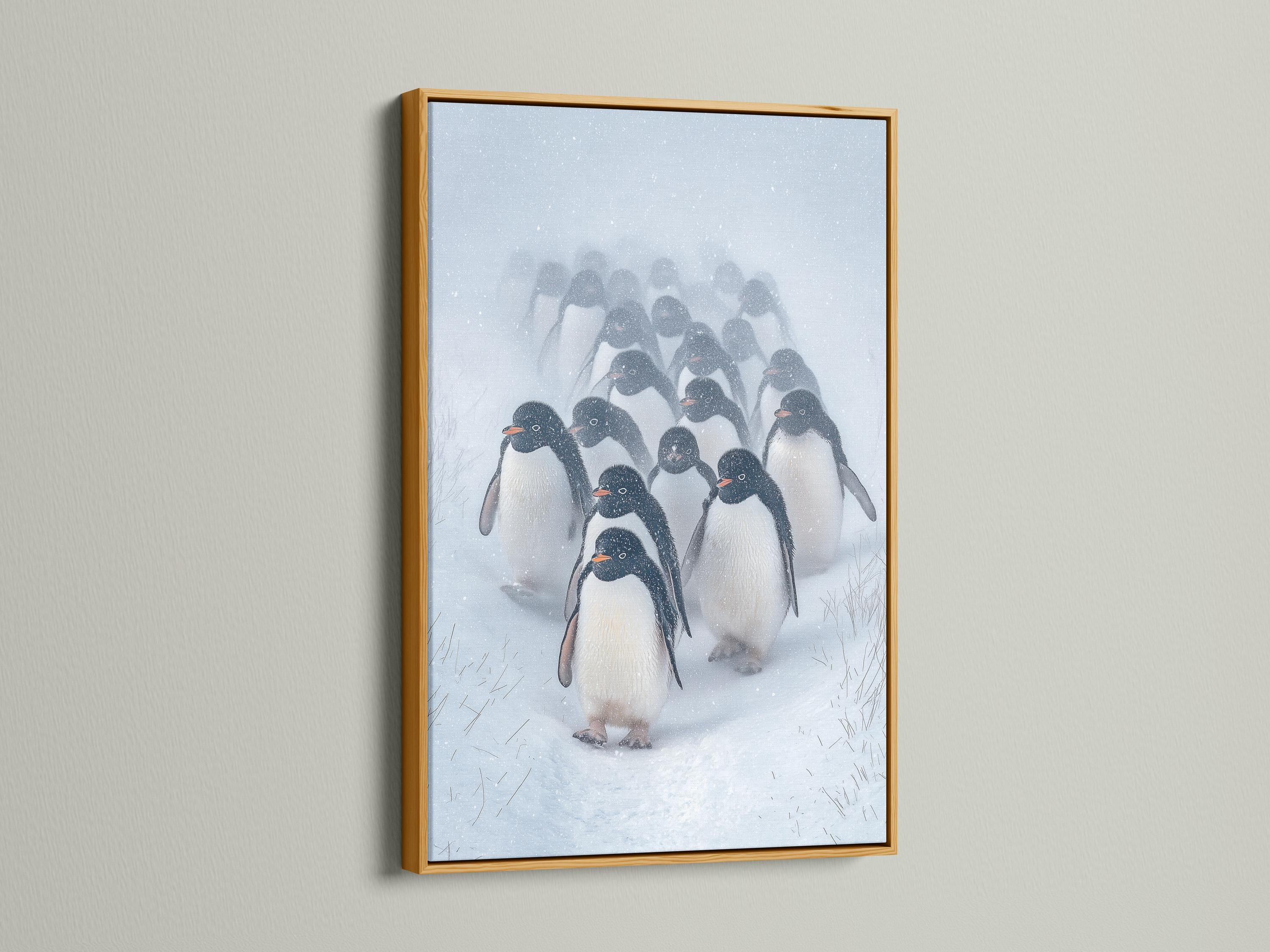 Snowy winter scene with a group of penguins in monochrome tones, with falling snow detail view