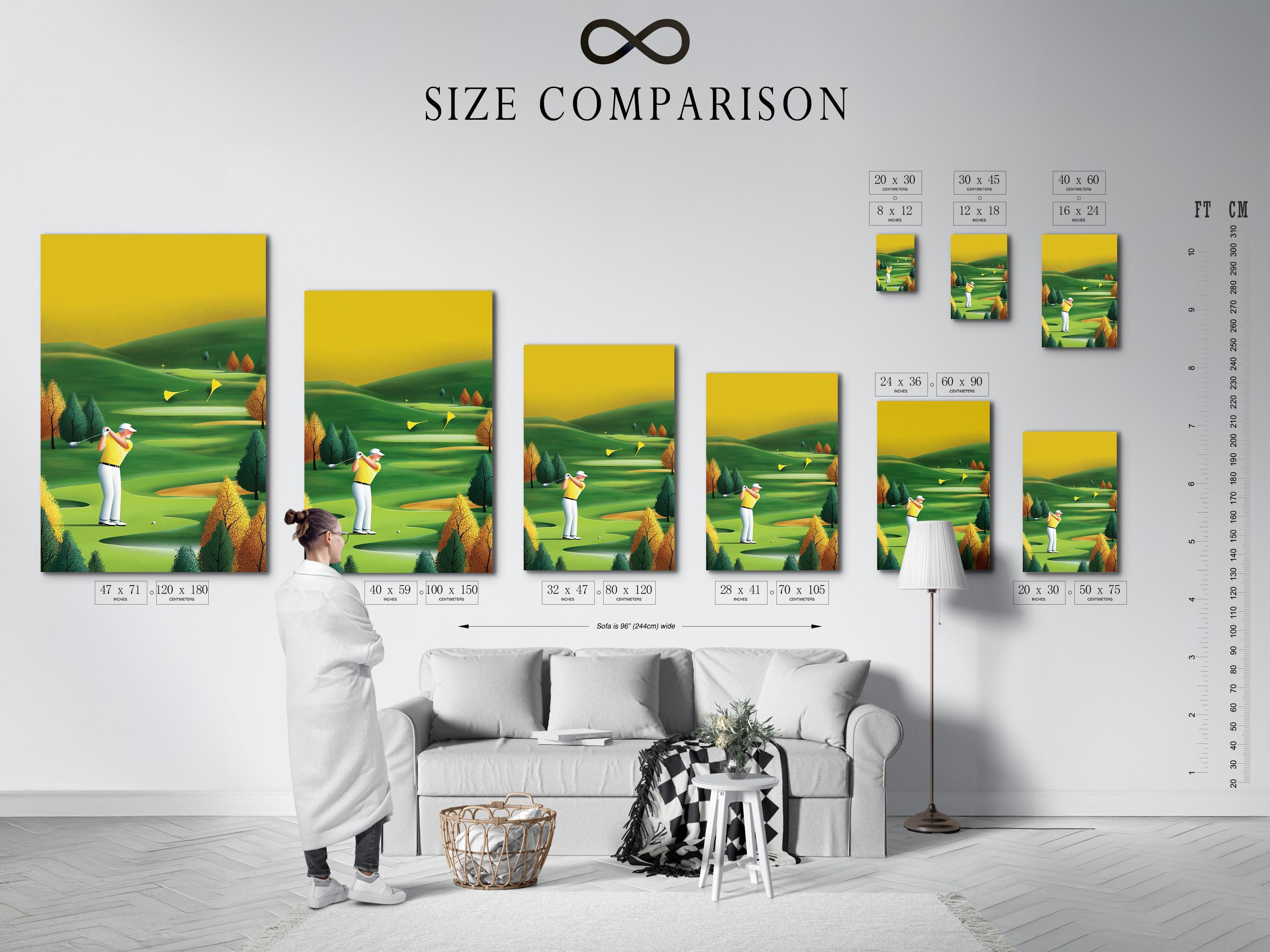 A stylised golf course scene with a golfer mid-swing and rolling green fairways detail view