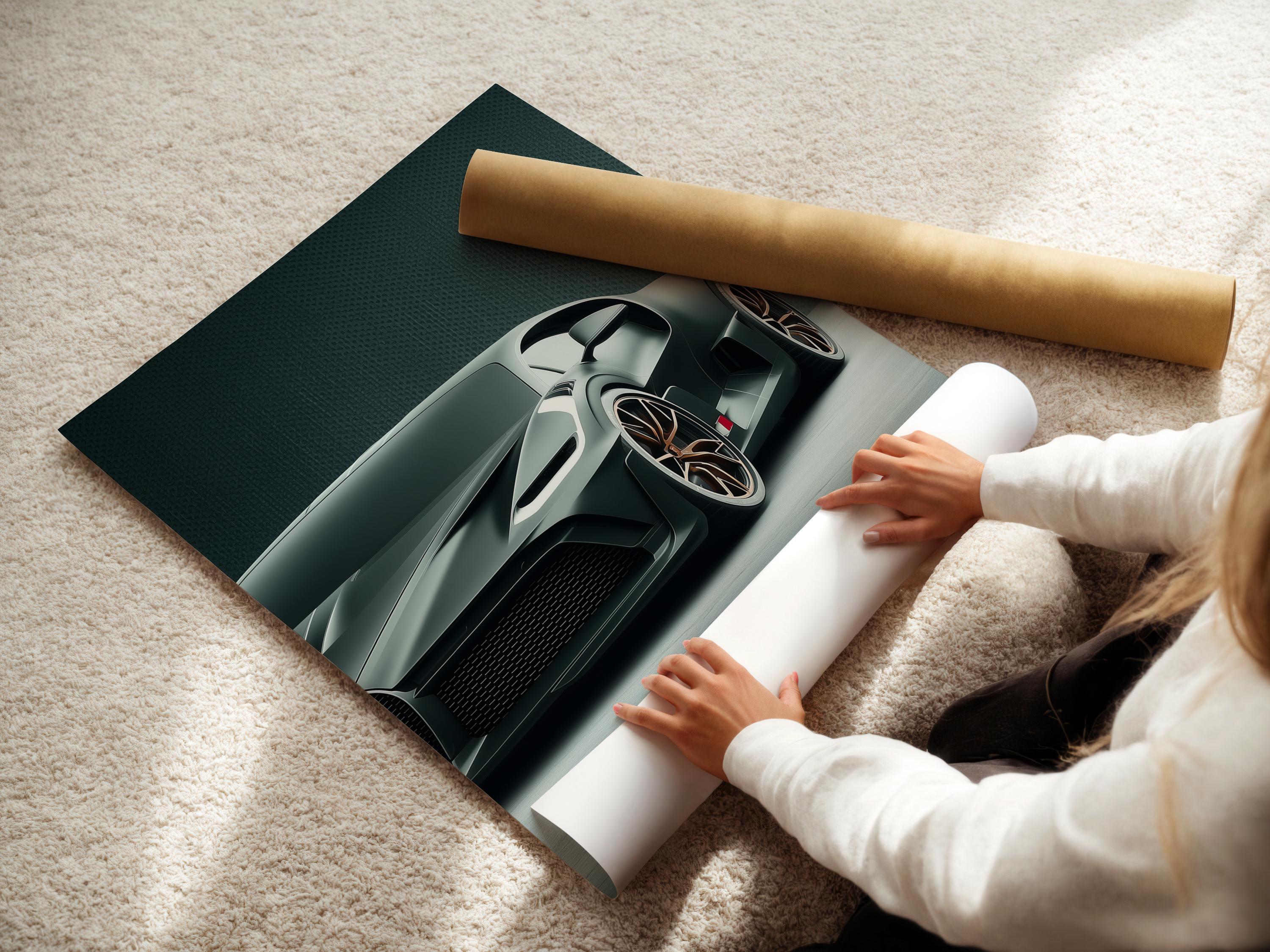 A sleek modern sports car is shown in a low-angle three-quarter view, set against a textured teal background with a cool grey floor detail view