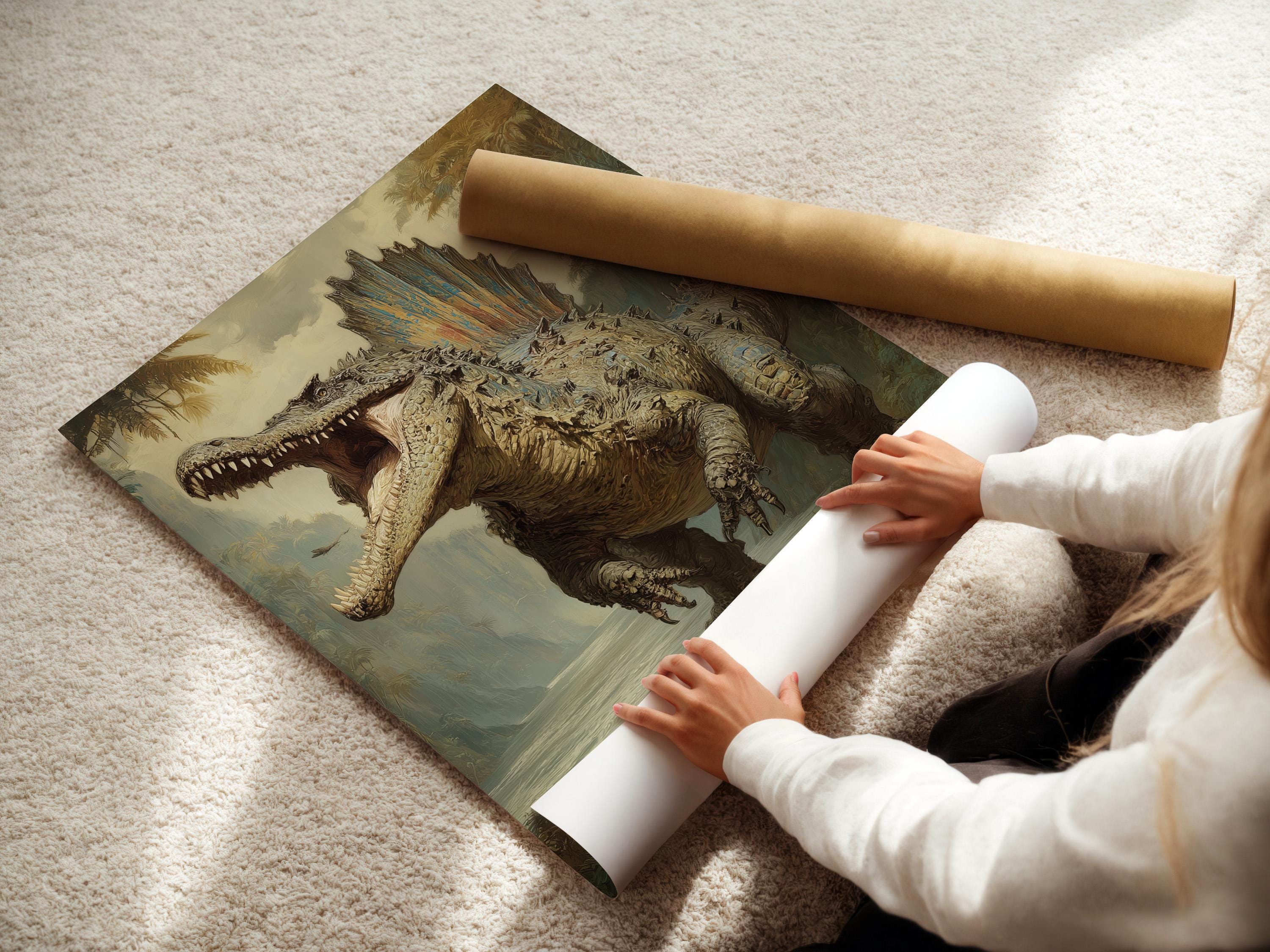 Prehistoric dinosaur artwork with open mouth in a misty jungle scene detail view