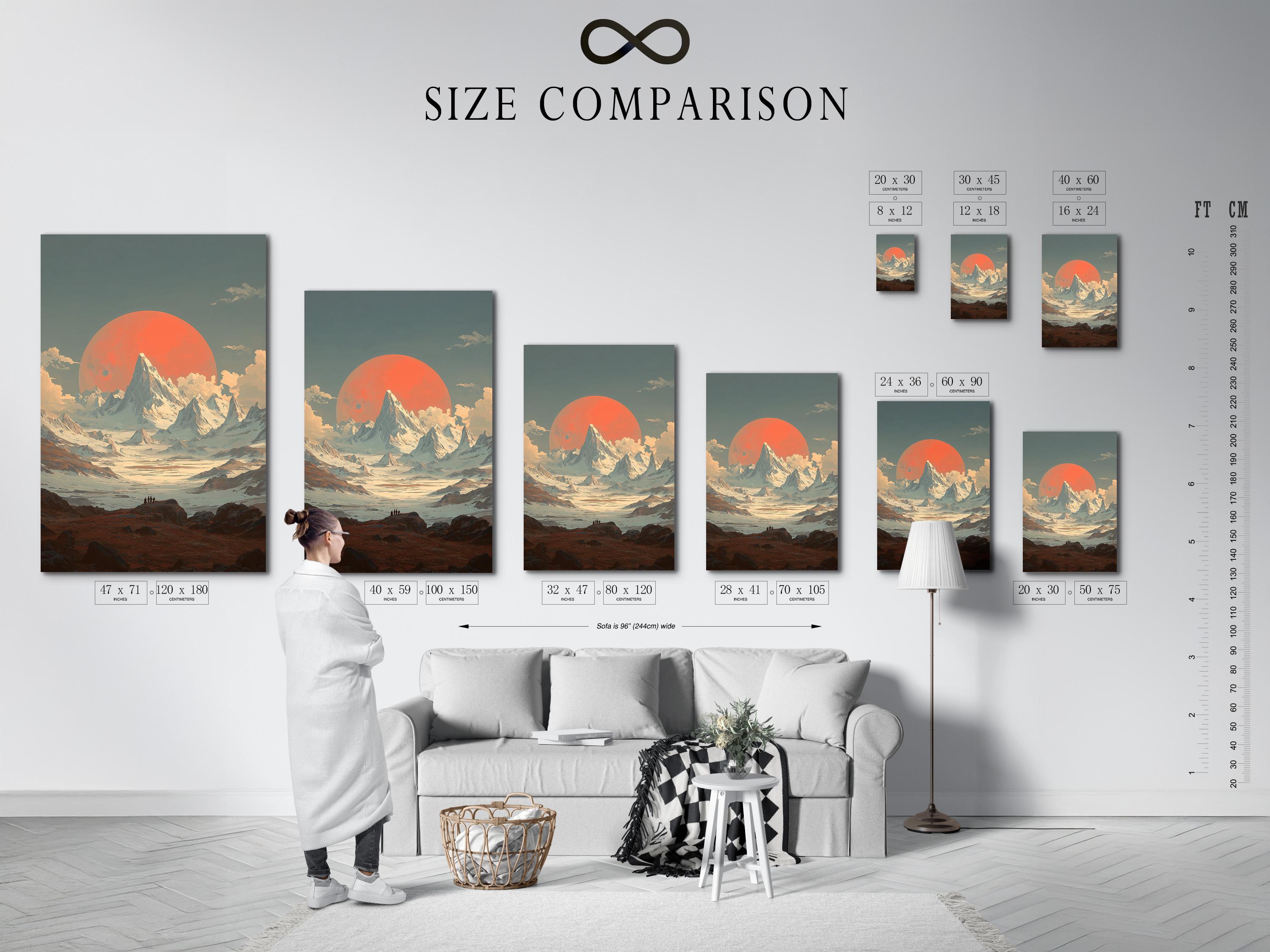 Framed stylised mountain sunset landscape artwork shown in a mock display