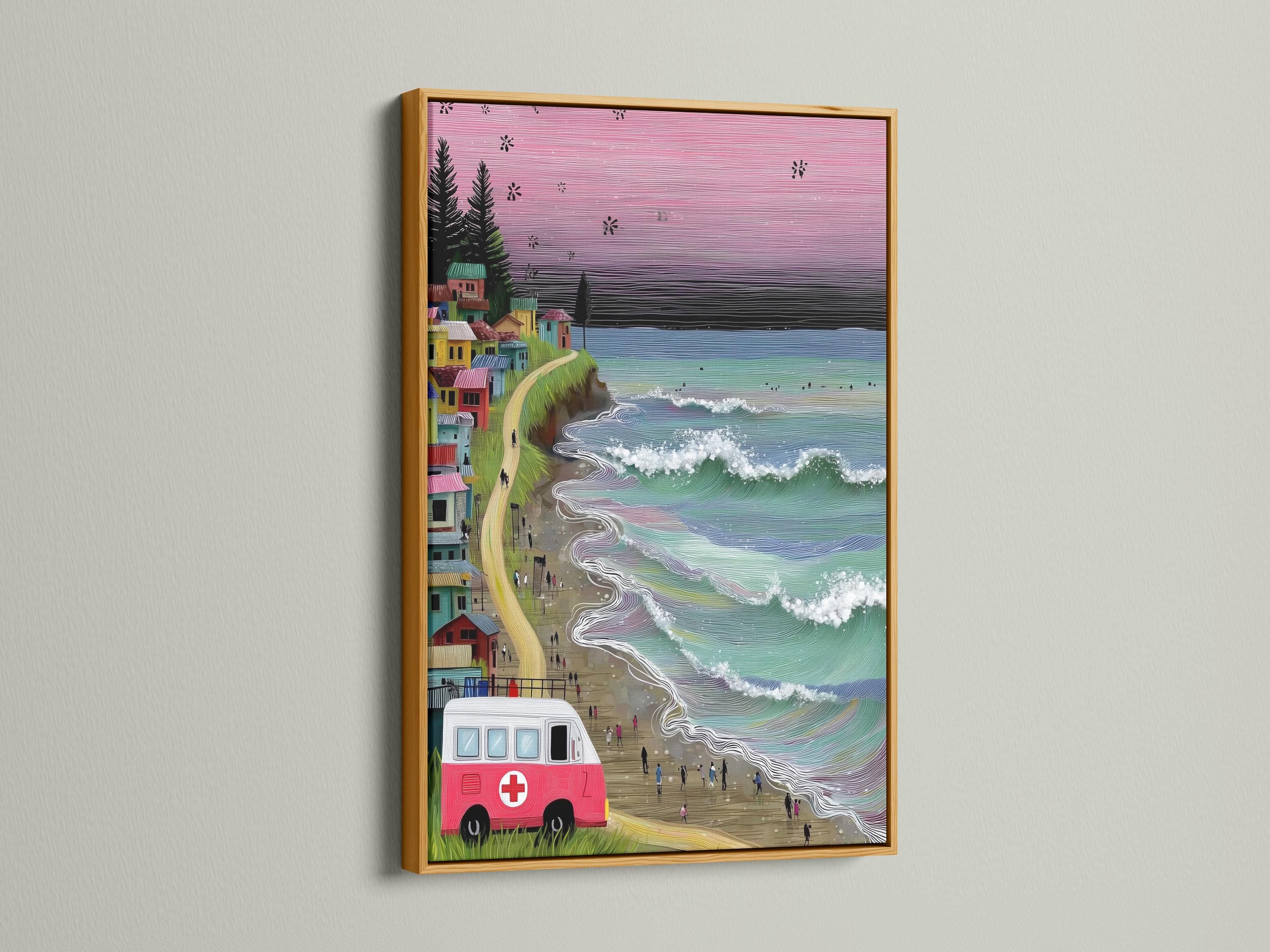 Retro beach village artwork with a pink sunset sky, ocean waves, and a red-and-white van detail view