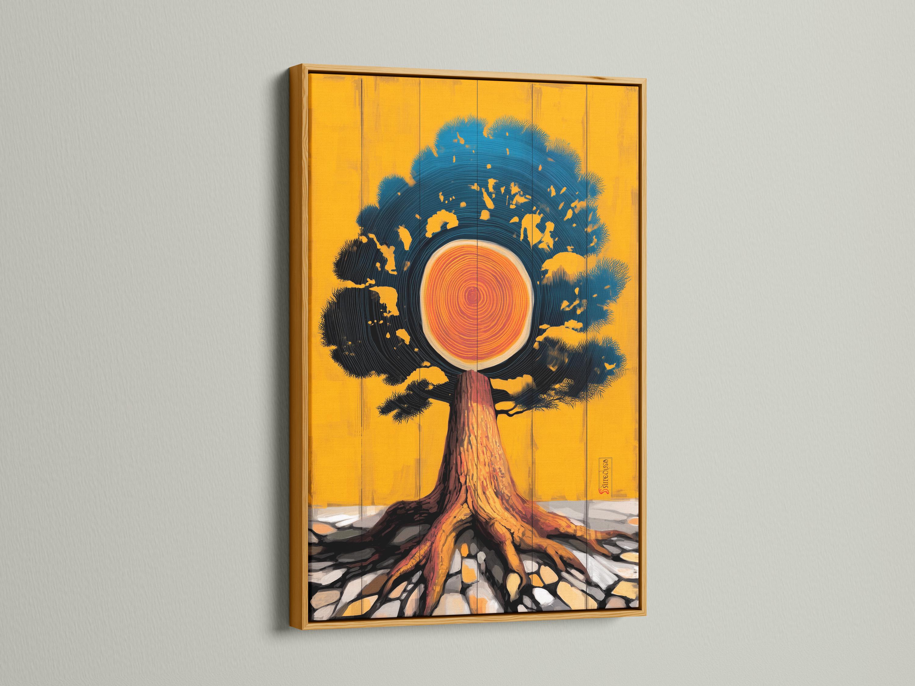 Stylised tree trunk and concentric tree rings with teal wave-like canopy on a gold background detail view