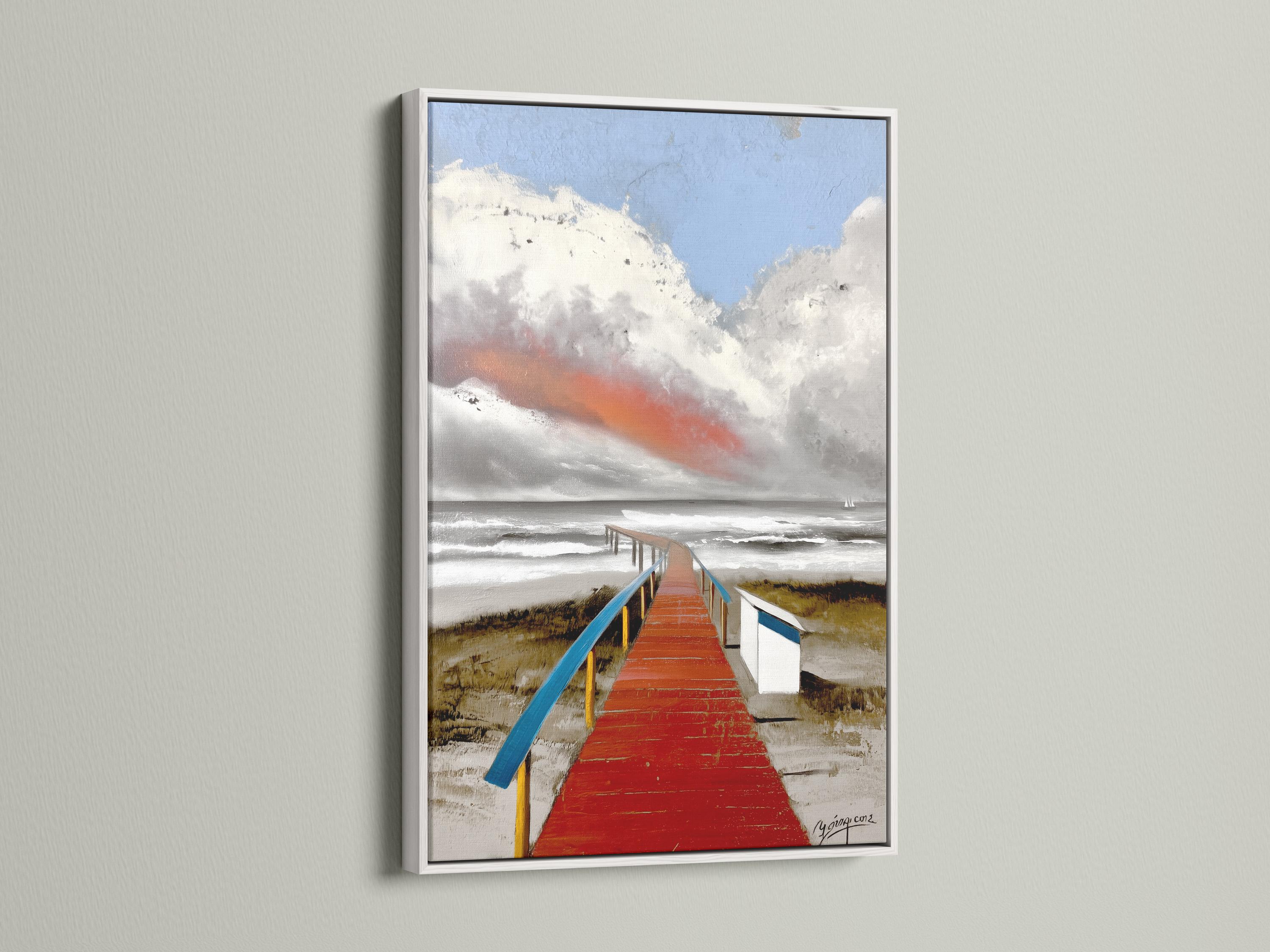 Red boardwalk leading to the sea with blue rails, waves and a cloudy sky detail view
