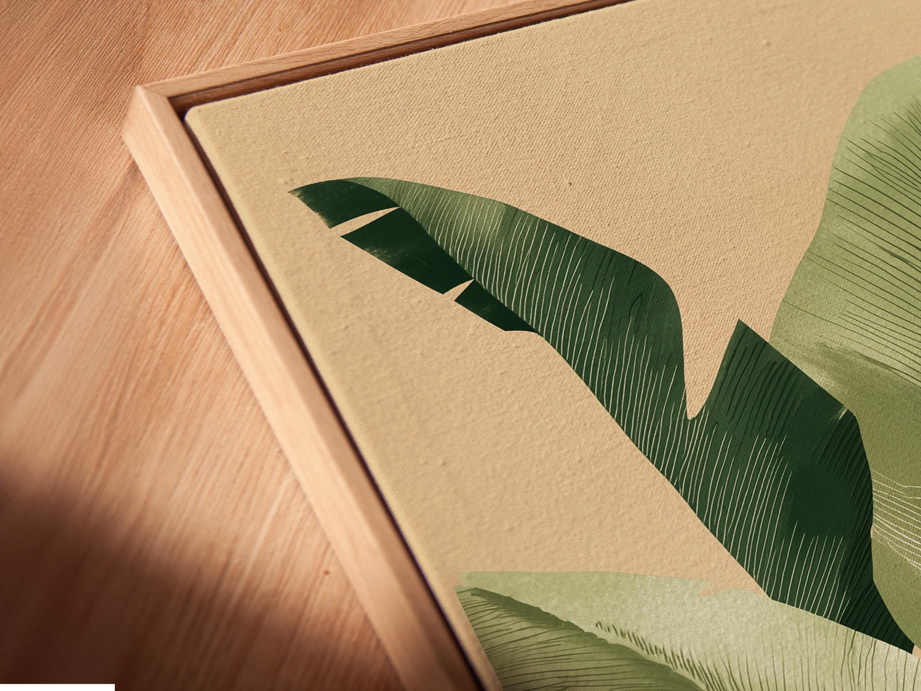 Botanical leaf artwork shown on a framed wall display with additional product views around it