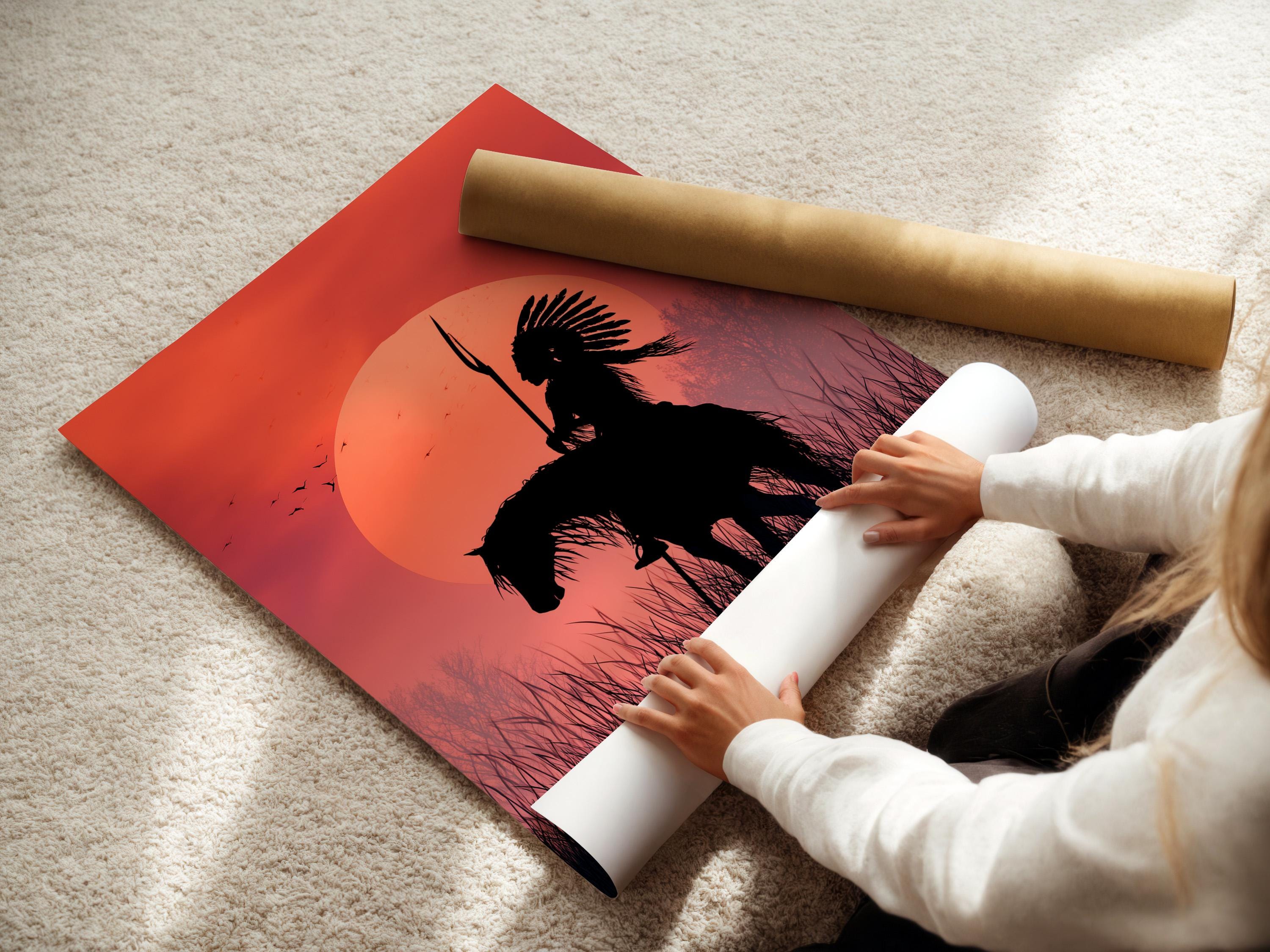 Red sunset circle with a dark horse rider silhouette holding a spear, birds in flight and silhouetted grasses detail view