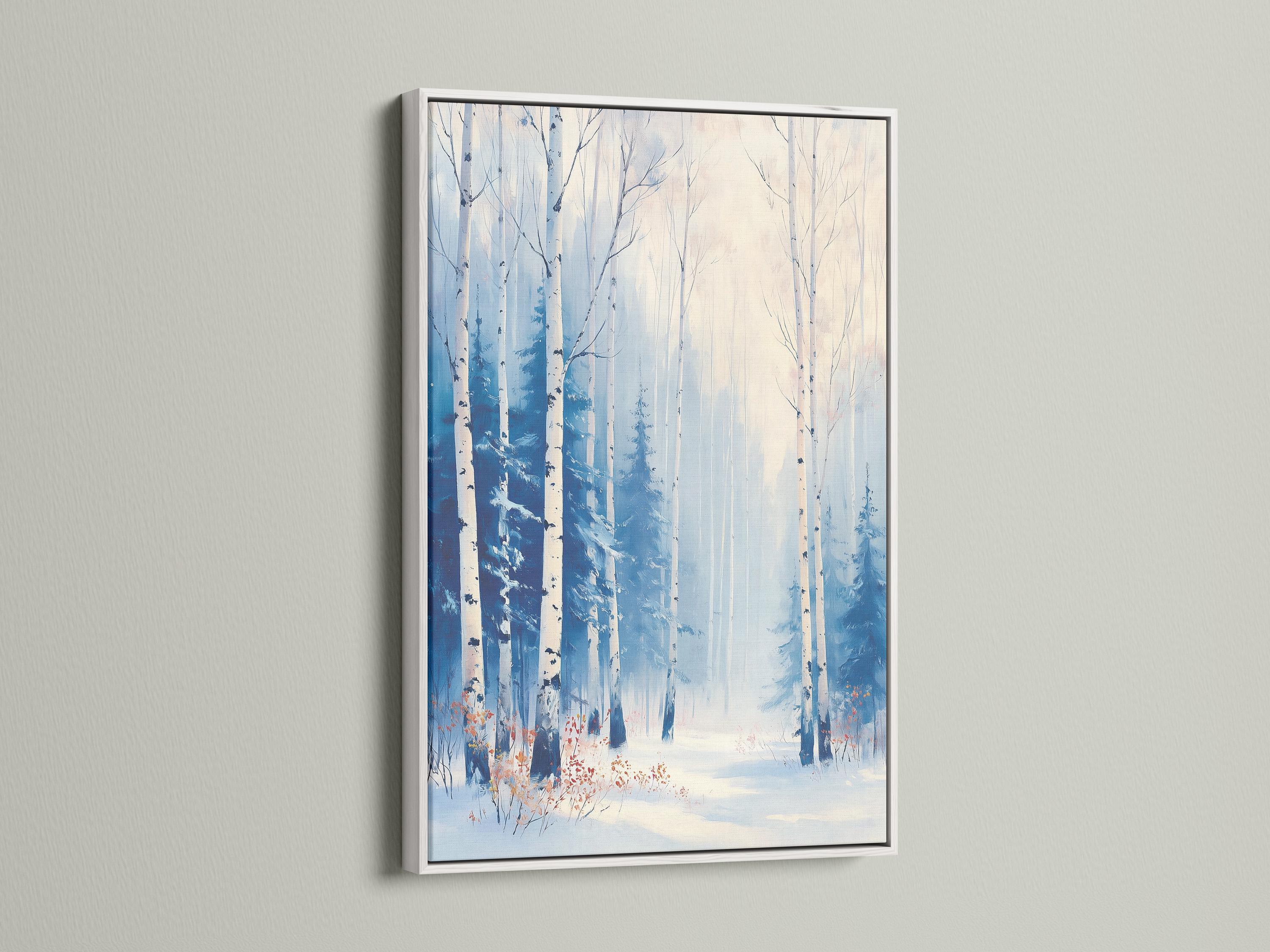 Snowy birch forest painting with pale blue trees and misty winter sky detail view