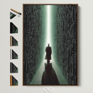 May include: A framed canvas print showing a person's silhouette walking towards a bright light. The background features a digital rain effect in green and black. The frame is brown.