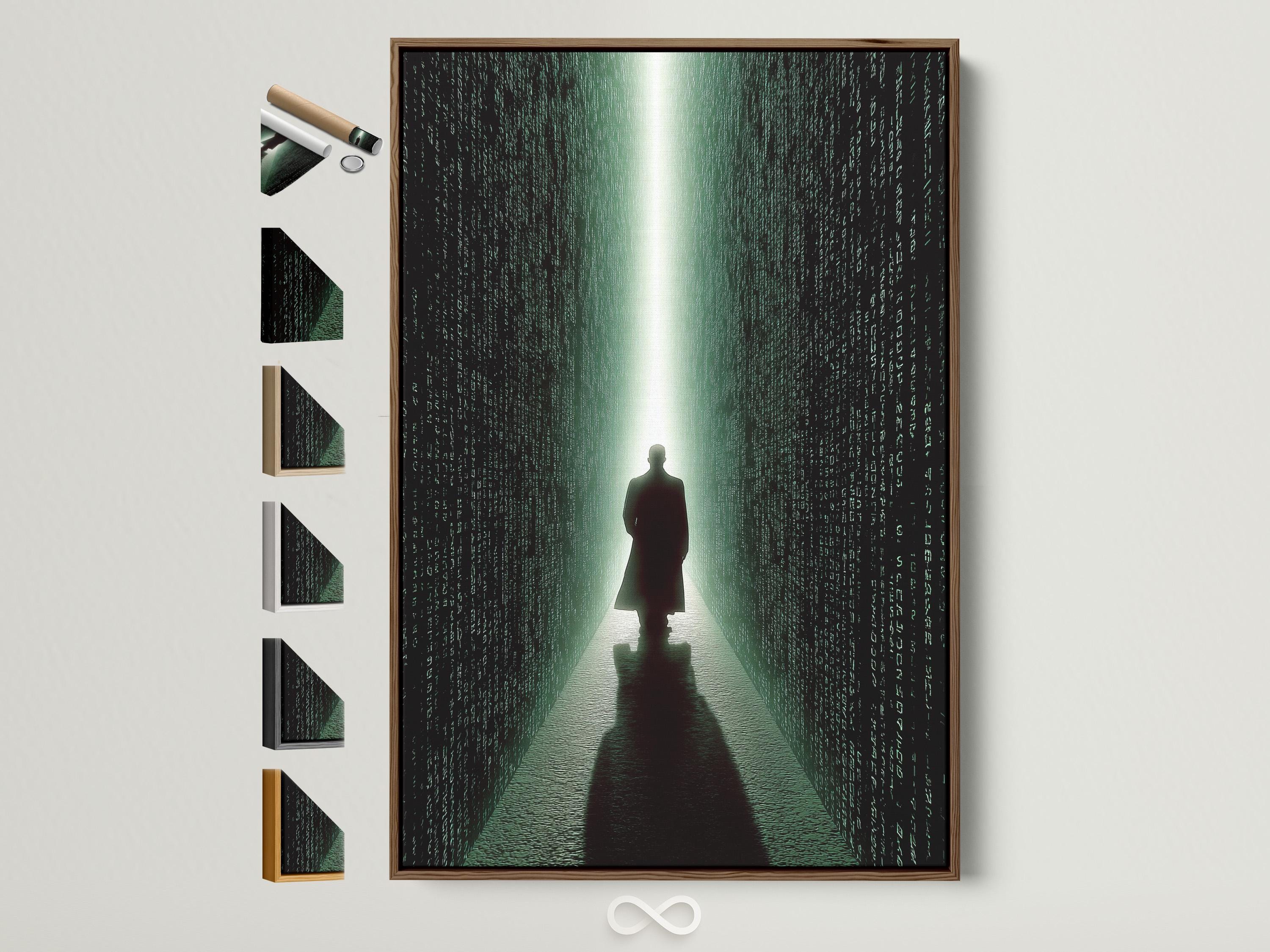 Room scene showing neon green cyberpunk corridor artwork with code-like characters