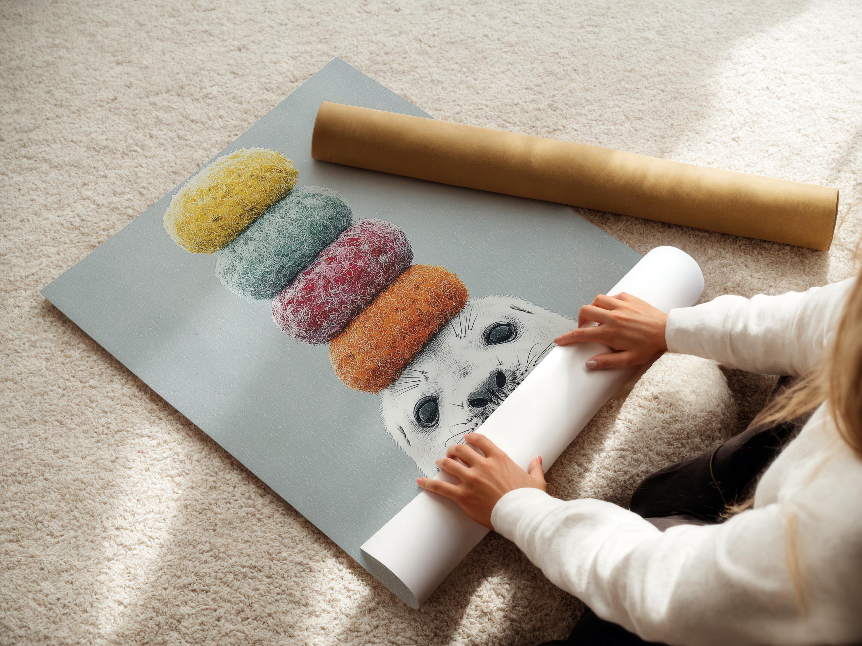 Seal wall art mockup with stacked pastel pom-pom balls