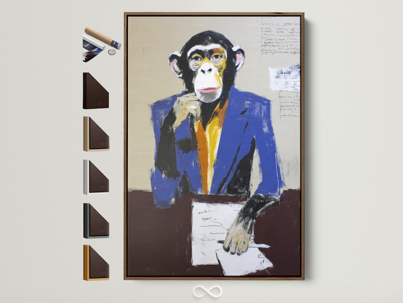 Stylised monkey portrait in a blue suit holding papers with faint scribbles
