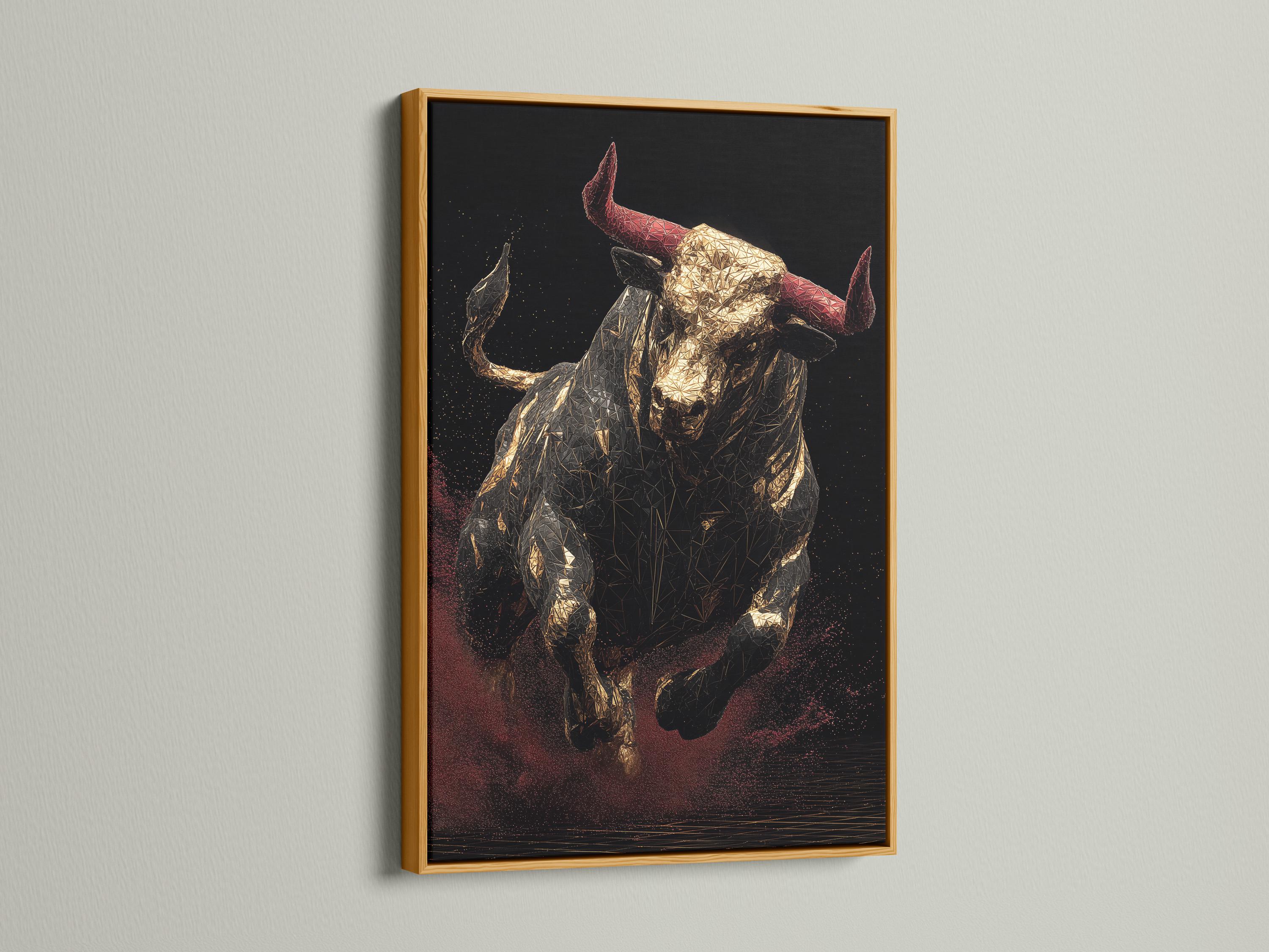 Geometric bull with gold facets, muted red horns and a dark speckled background detail view