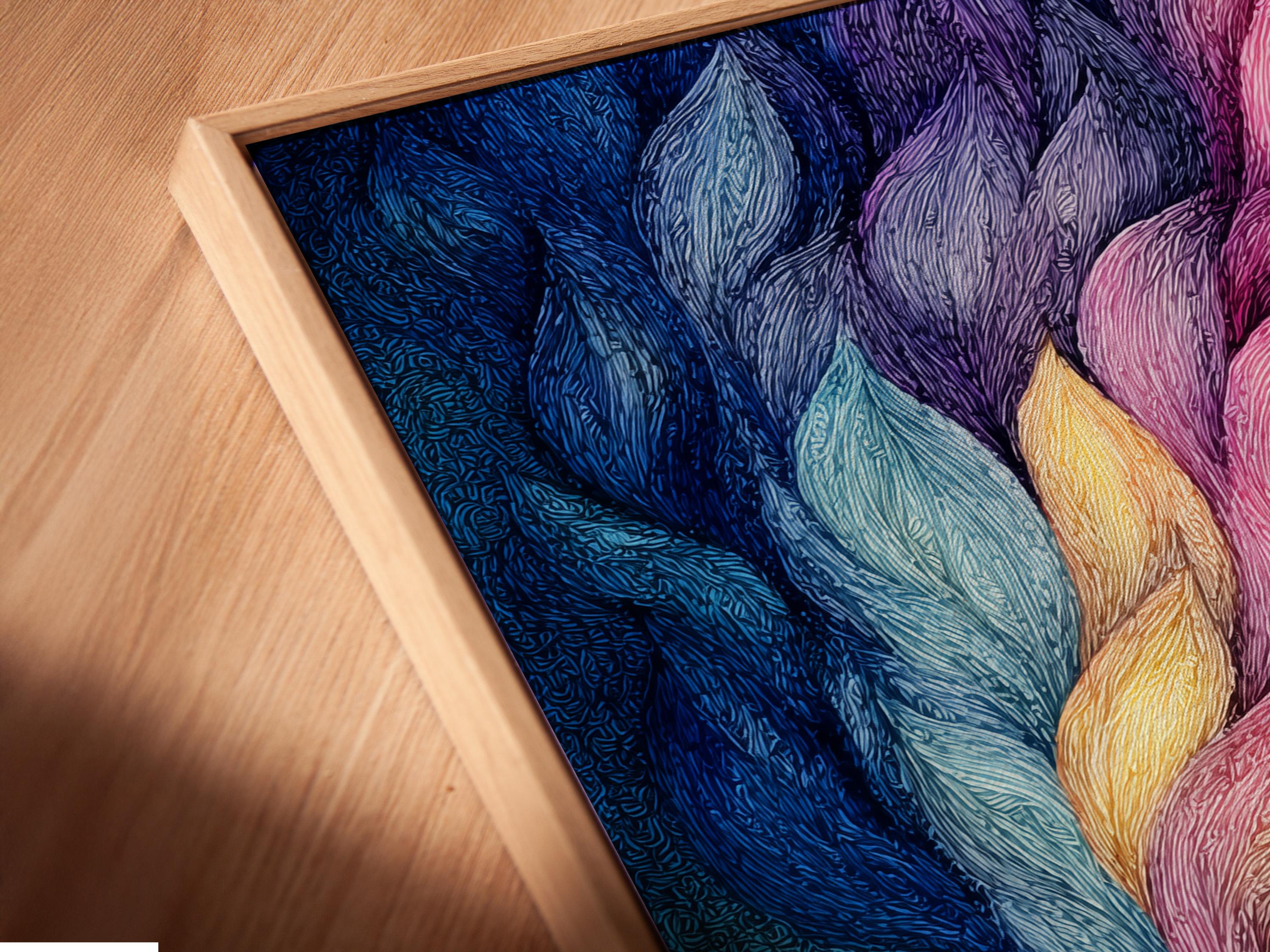 Person standing beside a framed rainbow abstract artwork in a bright room