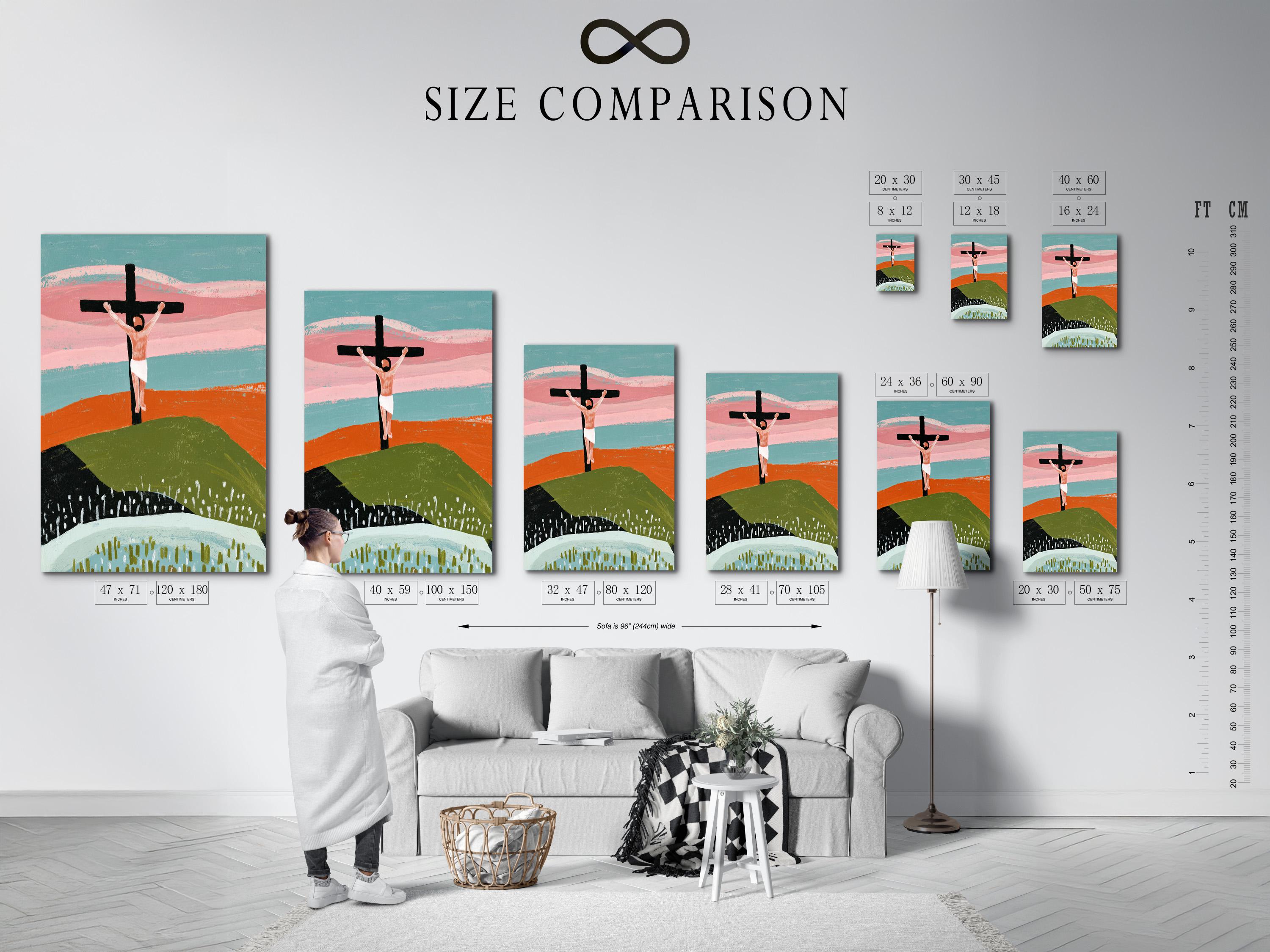 Stylised cross with outstretched figure above layered hills in dusty pink, teal and green detail view
