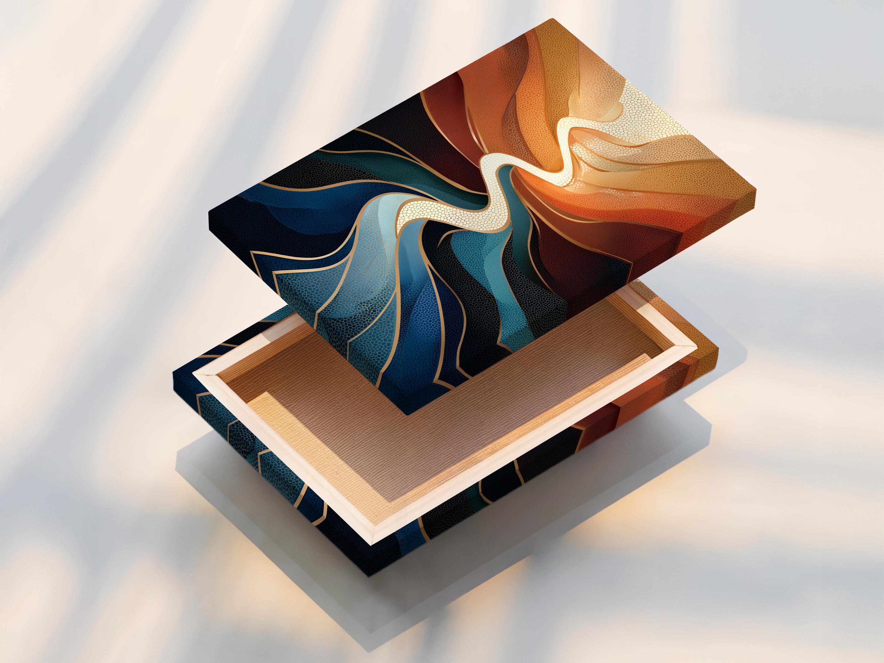Abstract river design with swirling cream lines, terracotta and deep blue textured shapes detail view