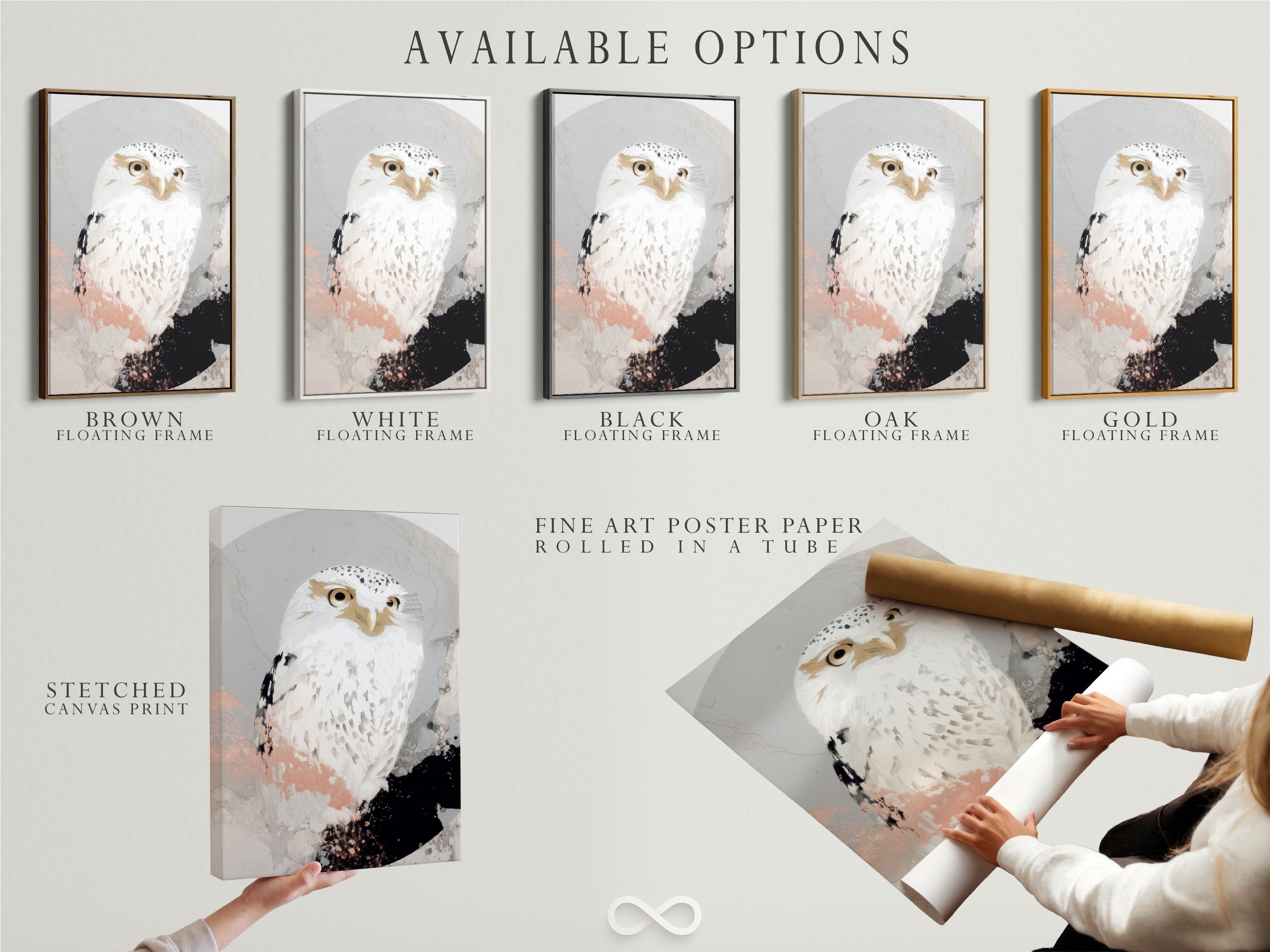Neutral abstract owl portrait artwork with beige feathers and black speckled accents detail view