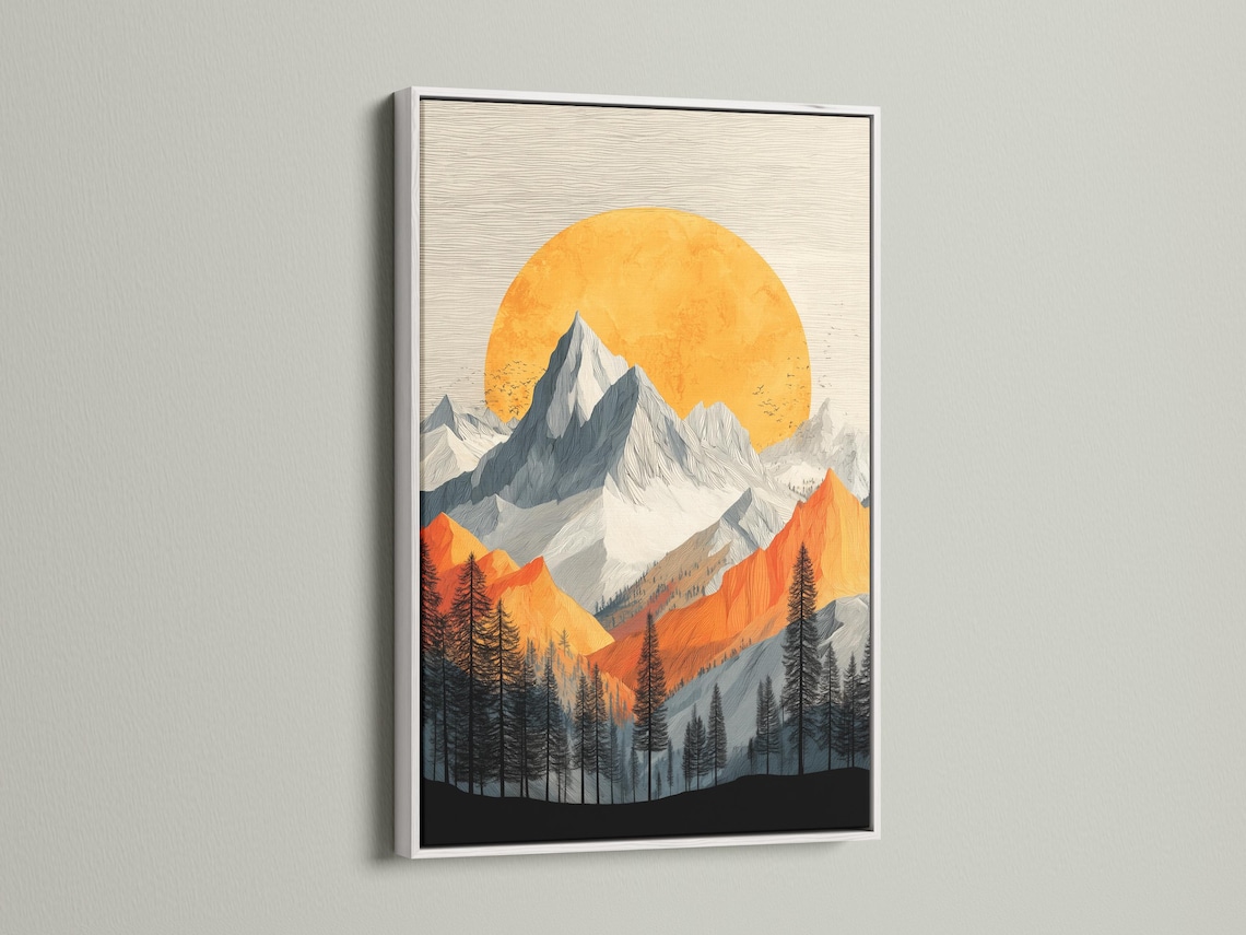 Stylised alpine mountain landscape with a large orange sun and pine tree silhouettes detail view