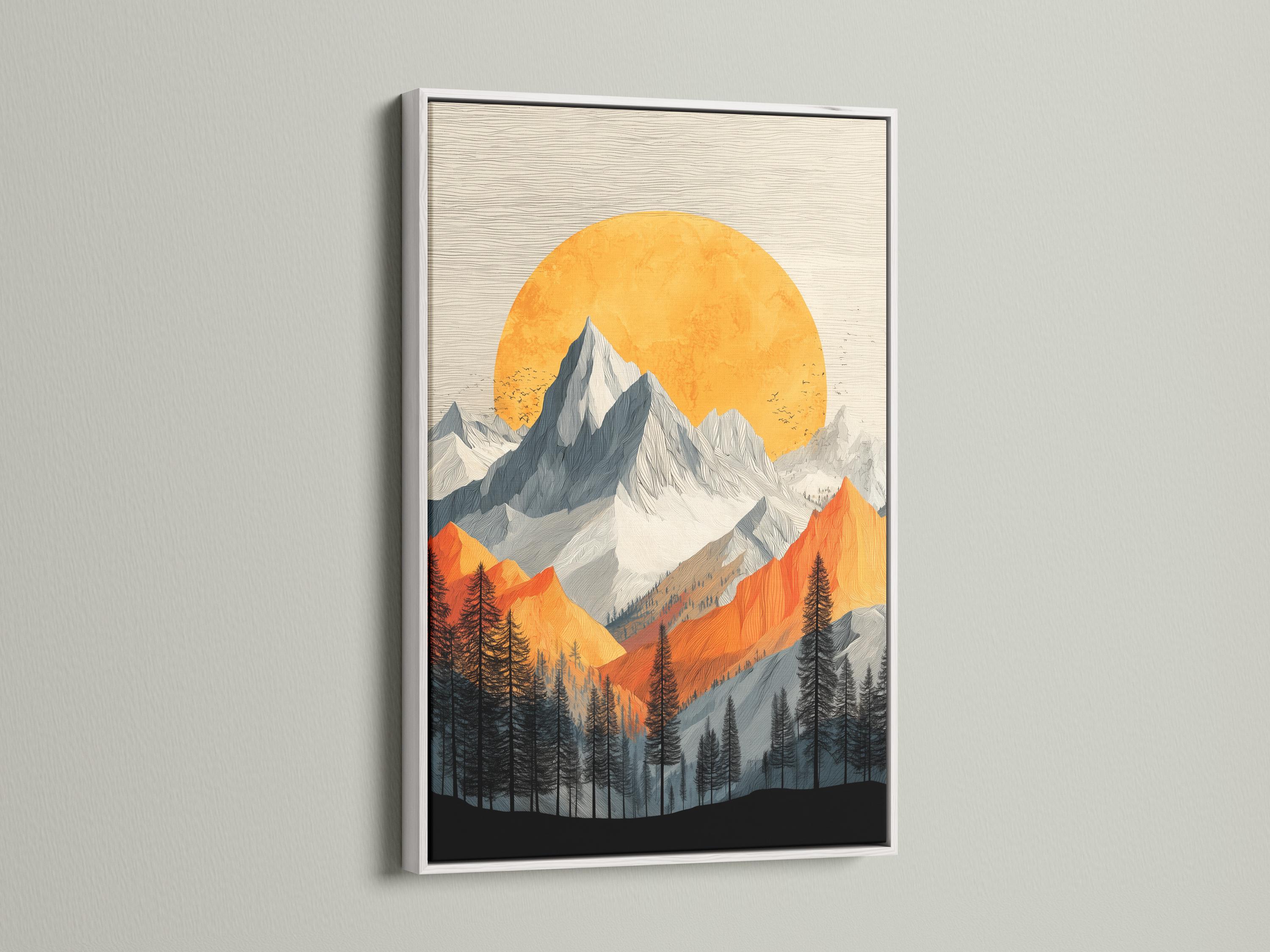 Stylised alpine mountain landscape with a large orange sun and pine tree silhouettes detail view