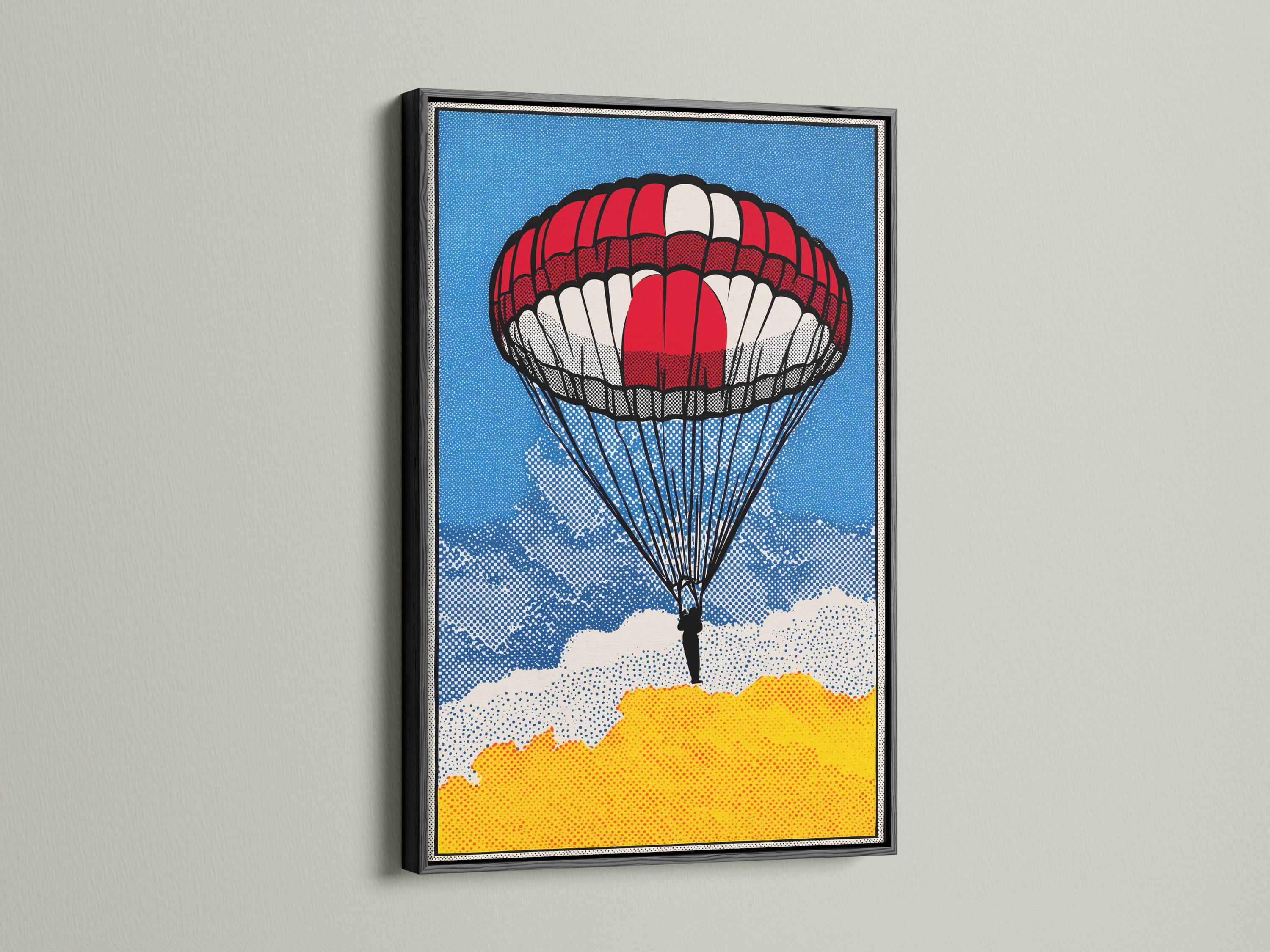 Red and white parachute pop art scene with blue dotted sky and clouds detail view