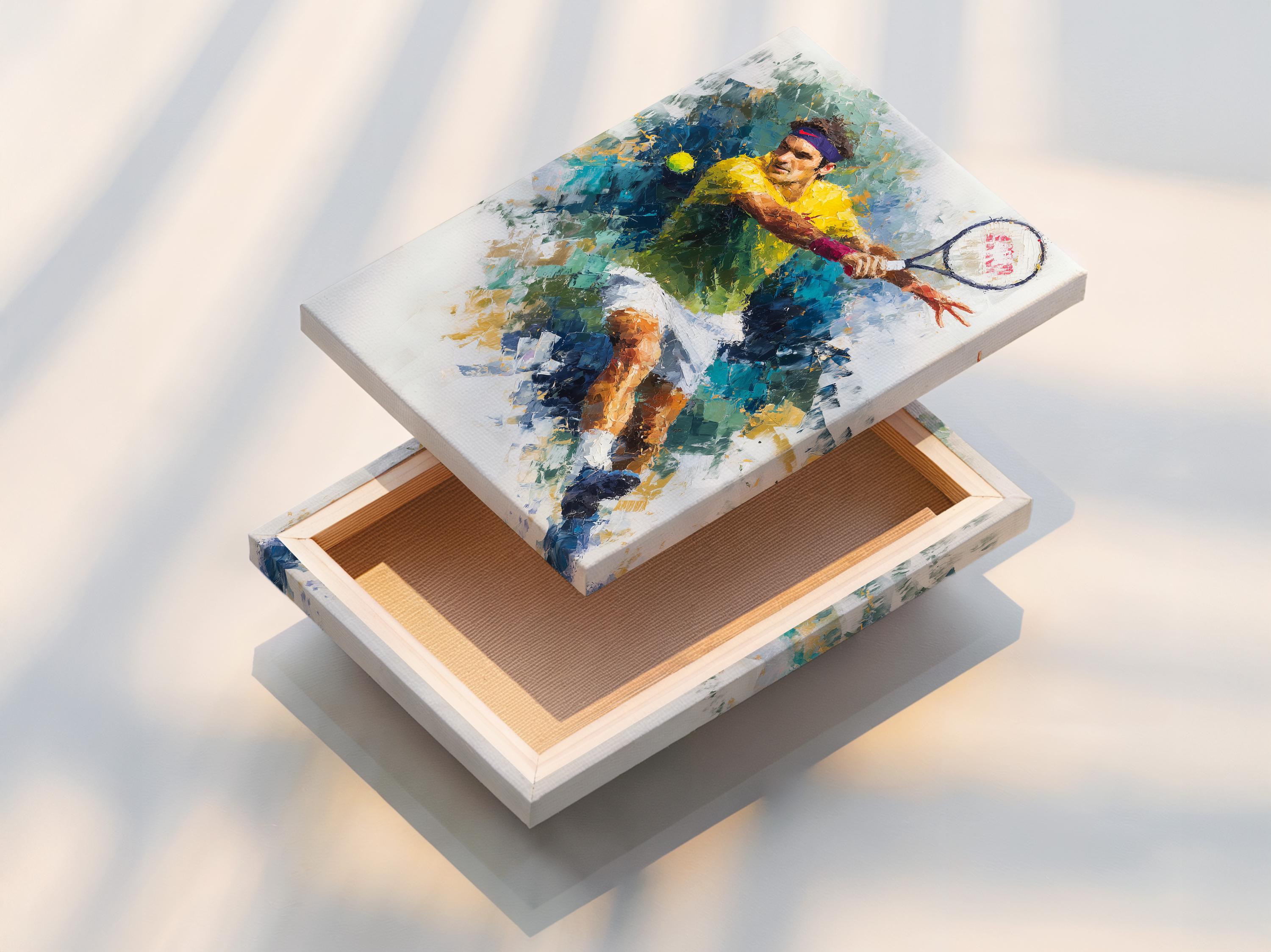 Abstract tennis player artwork in blue, teal, green and yellow with a sweeping racket arc detail view