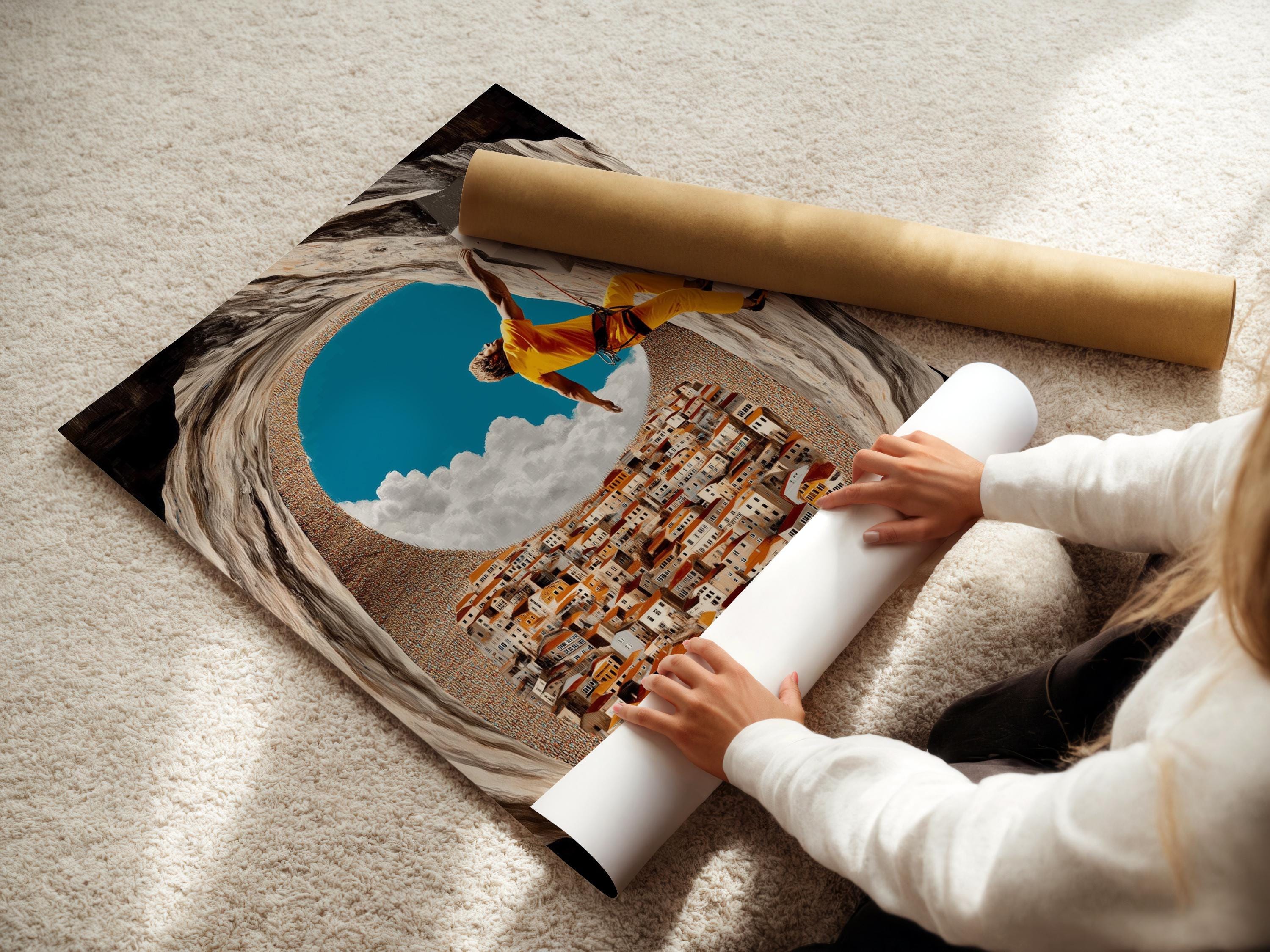 Wall art mockup showing a framed climber scene hanging on a wall among other frame options