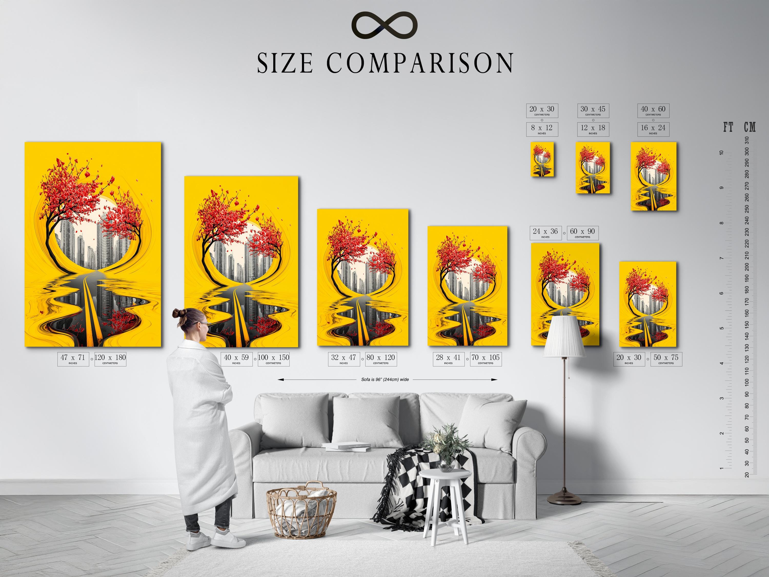Yellow abstract cityscape with red blossom branches and a reflective road in the centre detail view