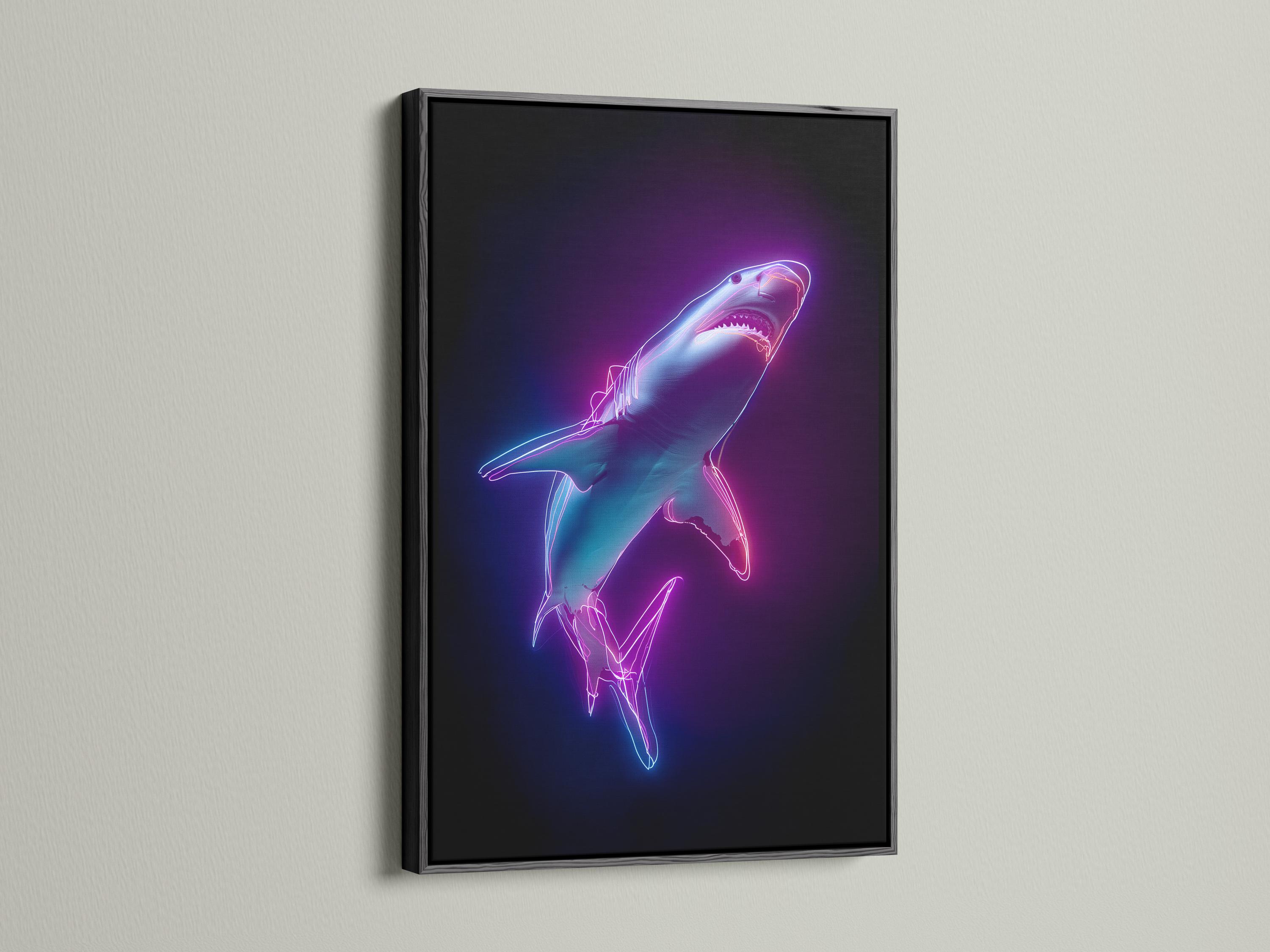 Neon line-drawn shark with magenta and cyan glow on a dark purple background detail view