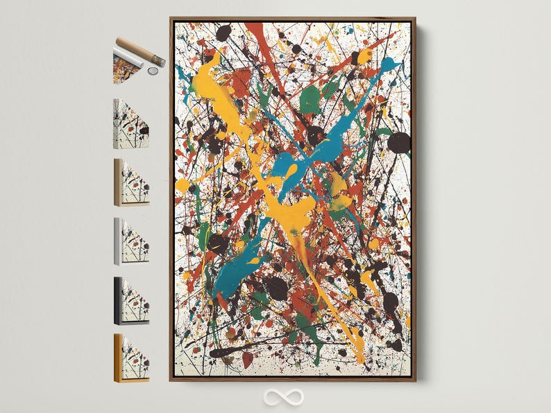 Abstract splatter artwork with layered blue, teal, yellow, red and green shapes on a white background
