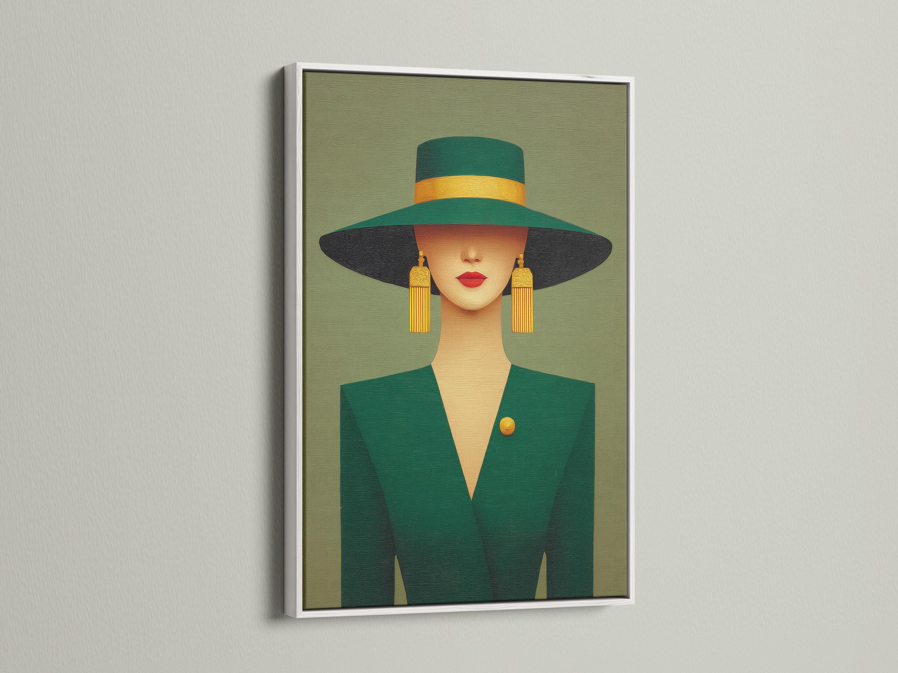 A stylised portrait of an elegant woman in a wide-brim hat, shown against a muted green background with gold accents and Art Deco-inspired shapes
