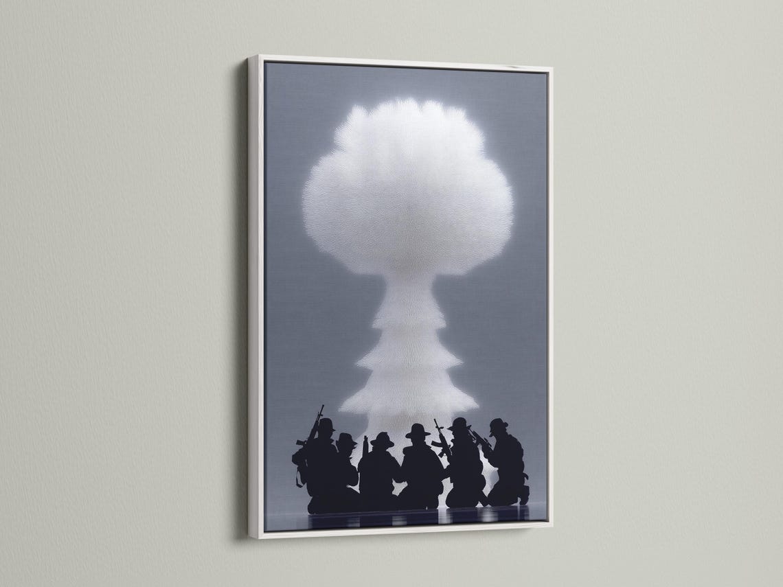White soldier silhouette with radiating texture above dark marching soldier silhouettes detail view