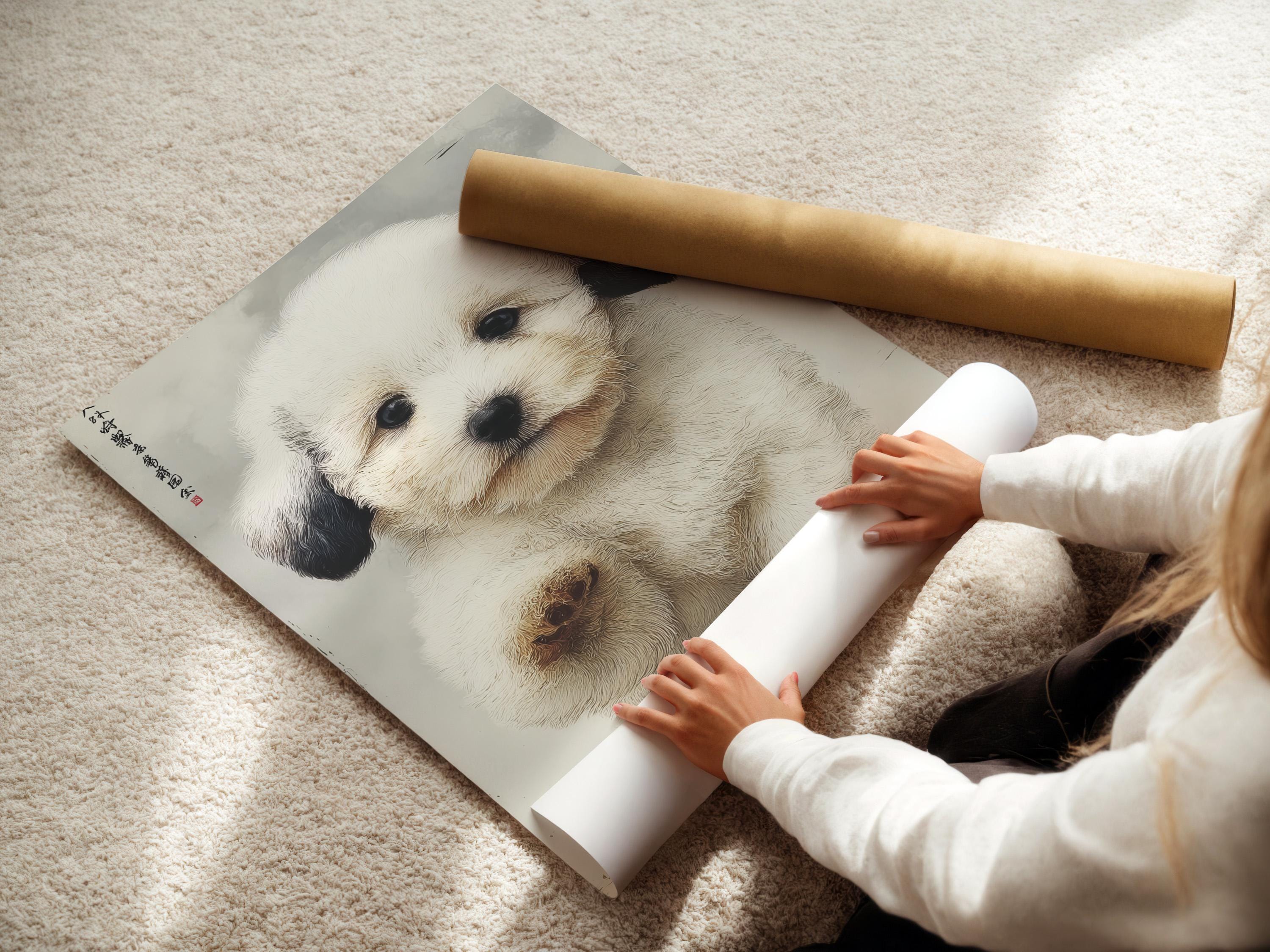 Textured cream puppy portrait with dark ears and faint characters in the top-left detail view