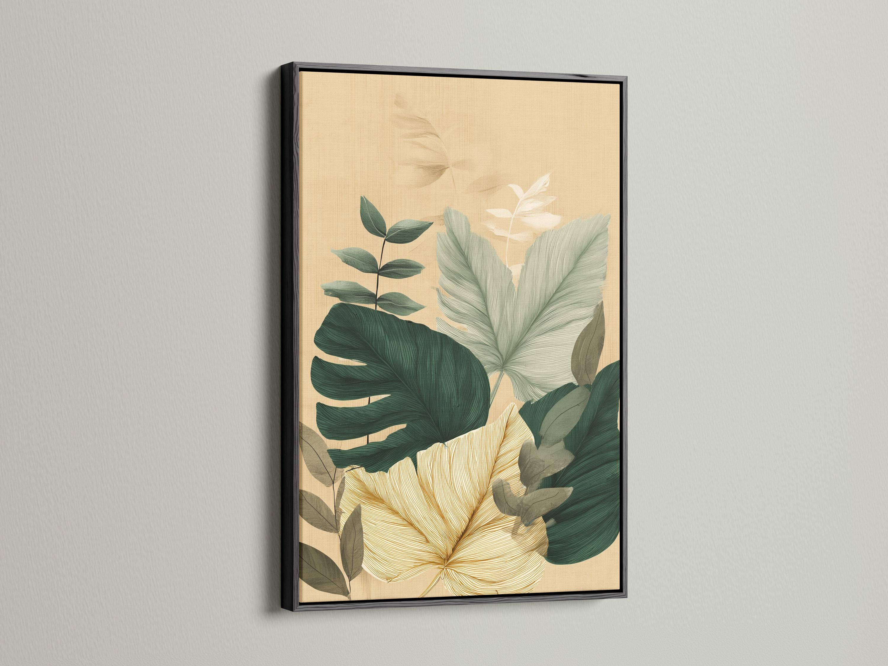 Framed botanical artwork featuring tropical leaves in green and teal on a beige background