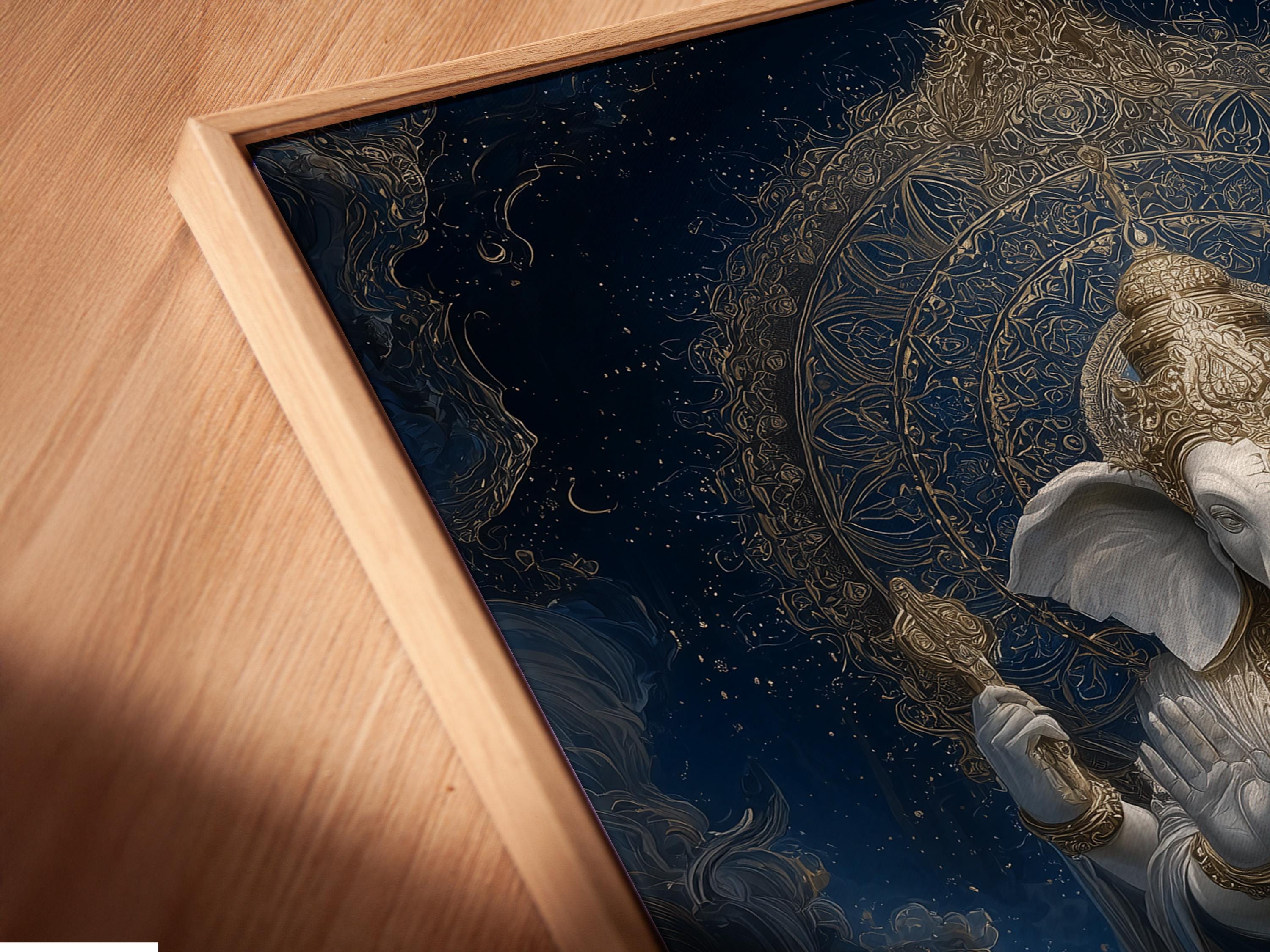 Indigo and gold seated elephant-headed deity with ornate halo and swirling clouds detail view